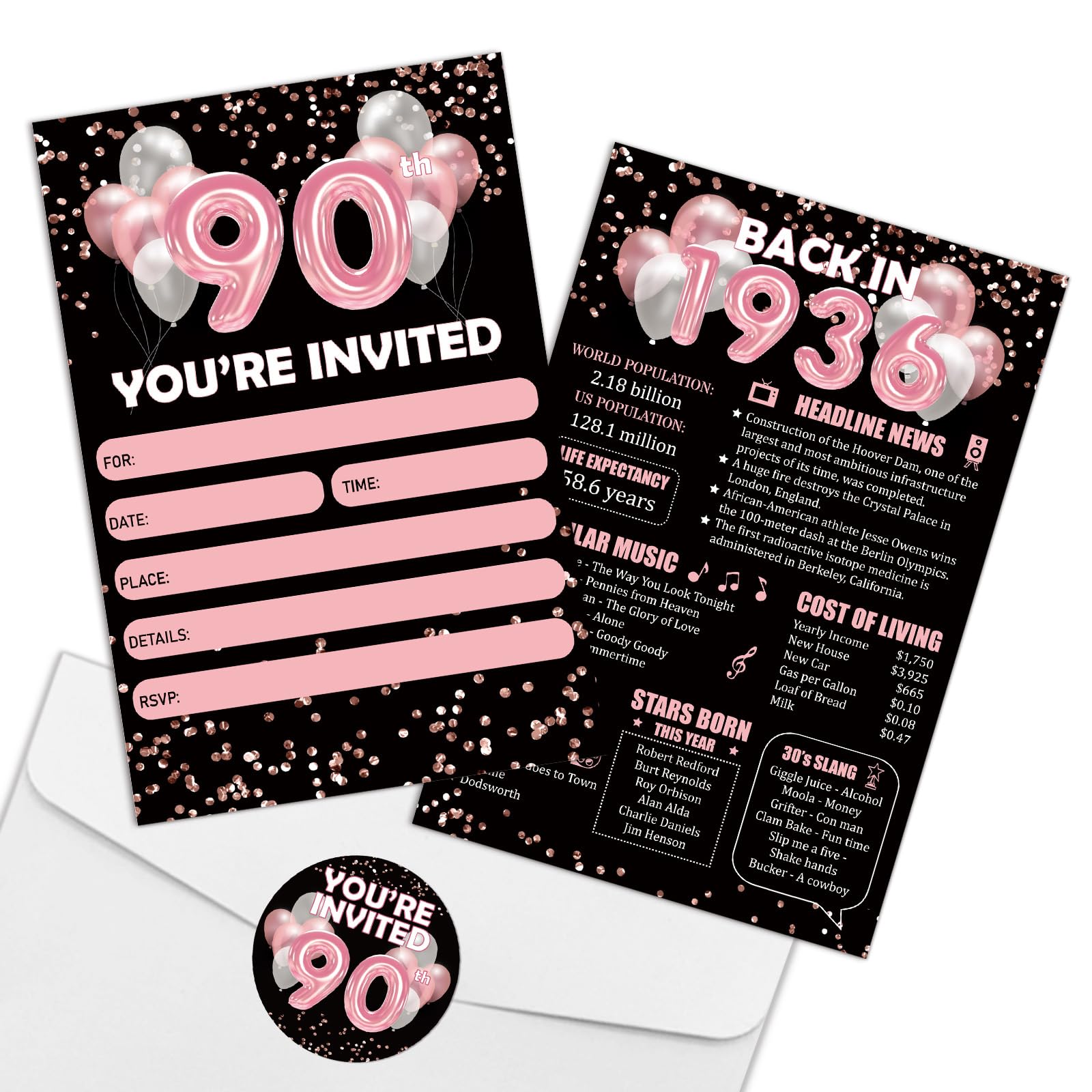 Invitaciones de 90 cumpleaños REWIDPARTY con sobres y acabados oro rosa 8