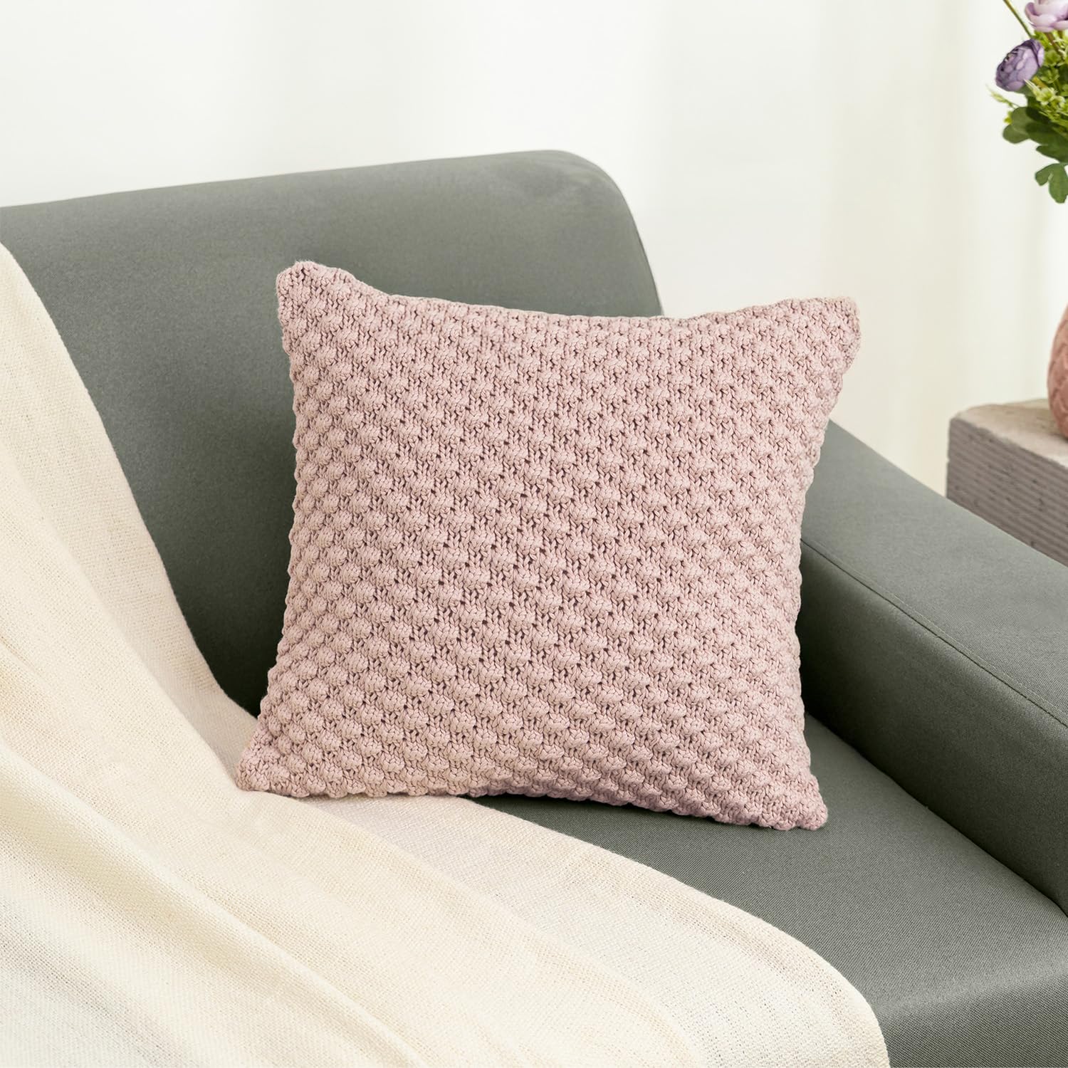 haus & kinder Decorative Embroidered Bubble Cameo Pink Cushion Covers Pack of 2 | Knitted Decorative Bubble Knit Cushion Cover for Sofa, Living Room | 16'' X 16'' | 100% Cotton 210TC