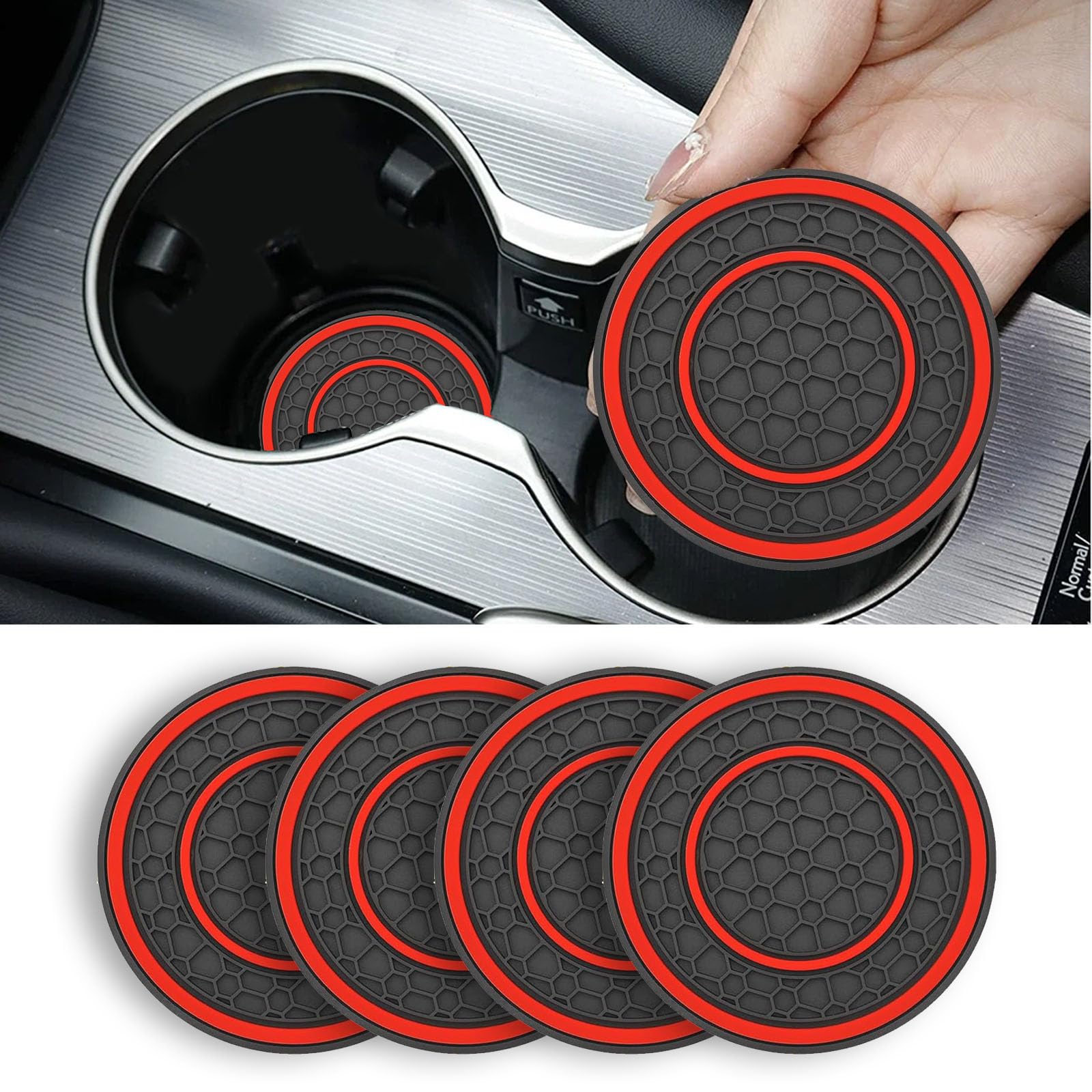 KAQISI 4 Pack Car Coasters for Cup Holder, 2.75 Inch No-Slip Anti Dust Insert Coaster, Universal Auto Waterproof Coasters Silicon Insulation Cup Mats for Woman Man, Suit for Vehicle Interior (Red)