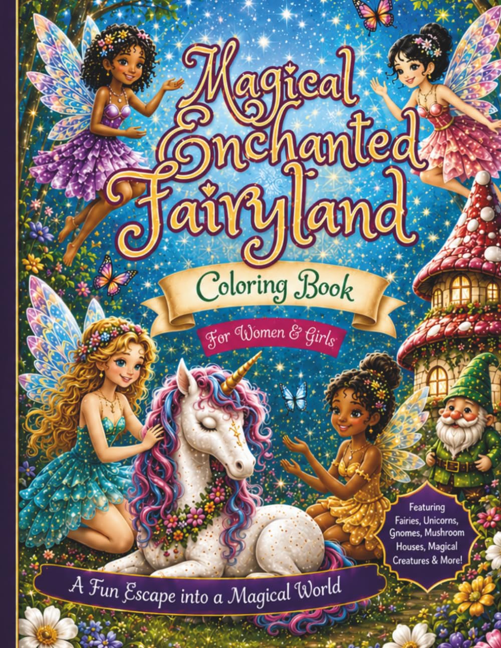 Magical Enchanted Fairyland Coloring Book: Fairies, Unicorns, Gnomes, Mushroom Houses & Enchanted Forests for Women, Teens & Girls