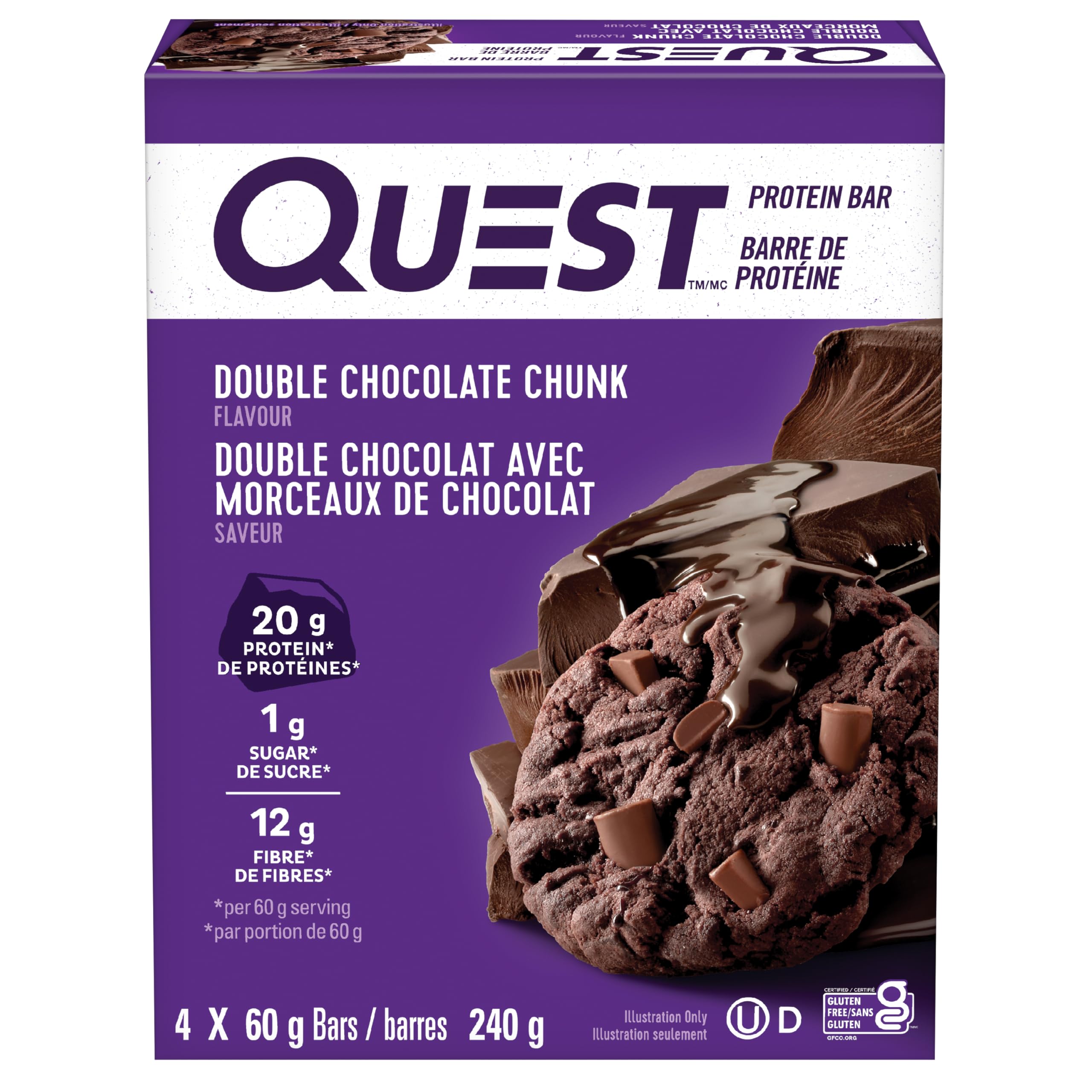 Quest Nutrition Double Chocolate Chunk Protein Bar, High Protein, High Fibre, Low Sugar, Keto Friendly, 20g Protein, 1g Sugar, 4ct - 2