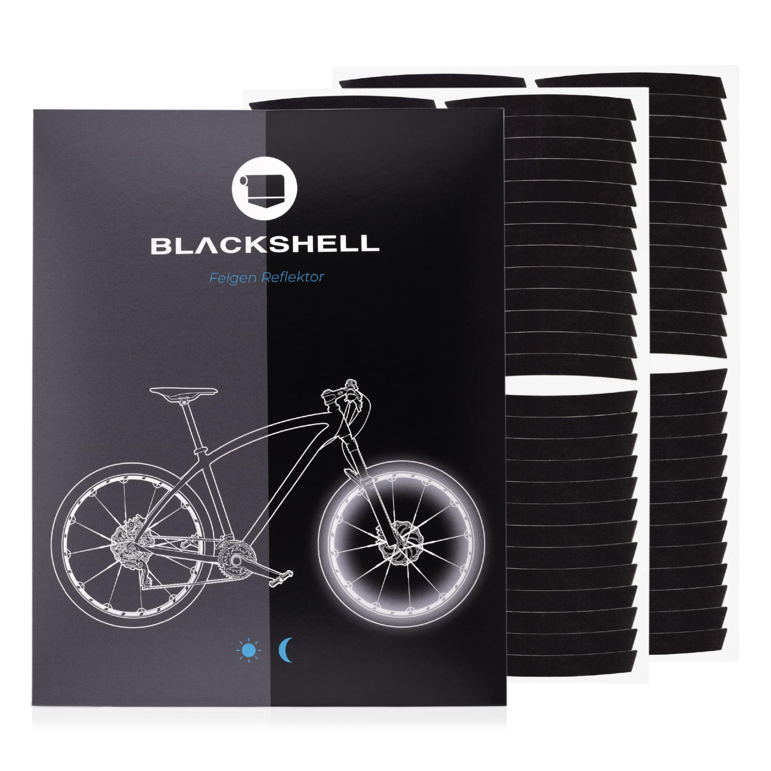 Blackshell® Reflektoren Aufkleber - passgenaues Fahrrad Aufkleber Set für 26 bis 29 Zoll Felgen - Fahrrad Felgen Aufkleber für die beidseitige Beklebung beider Räder in schwarz