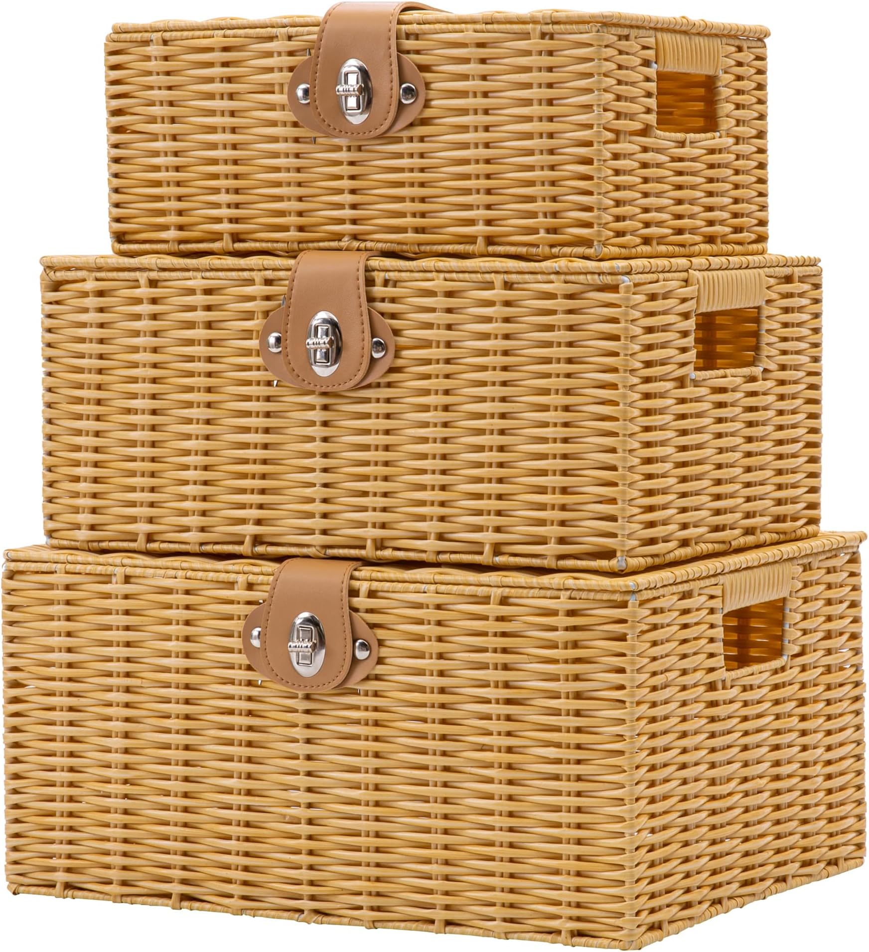 Wicker Storage Baskets with Lids, Set of 3 Decorative Storage Boxes For Organizing, Woven Baskets with Leather Lock and Handles (Beige)