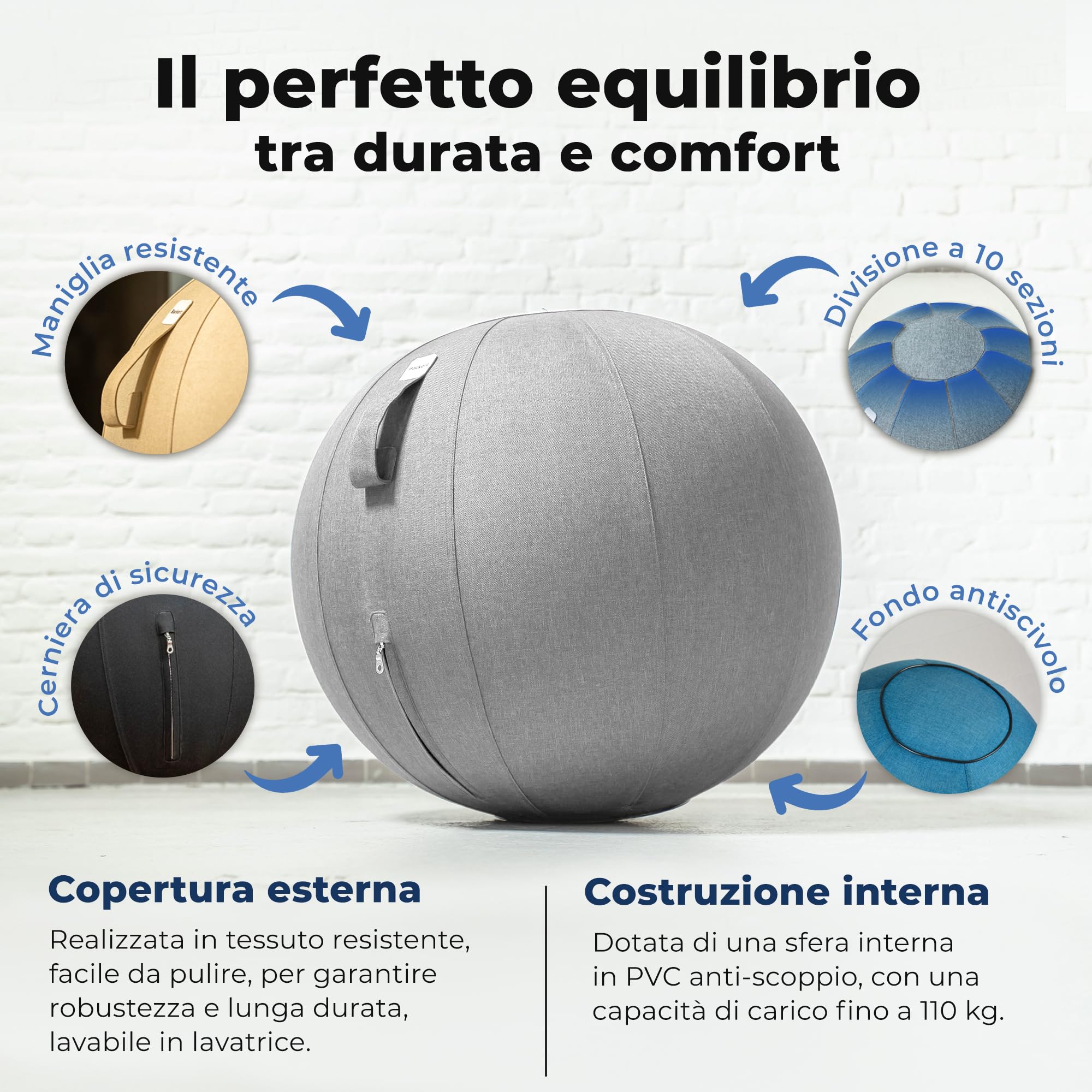 Backerz Seggiolino Palloncino 75 cm – Sfera interna in PVC resistente, fodera in lino morbido lavabile – Sedia a palloncino ergonomica Ufficio & Yoga, per buona postura – Grigio chiaro