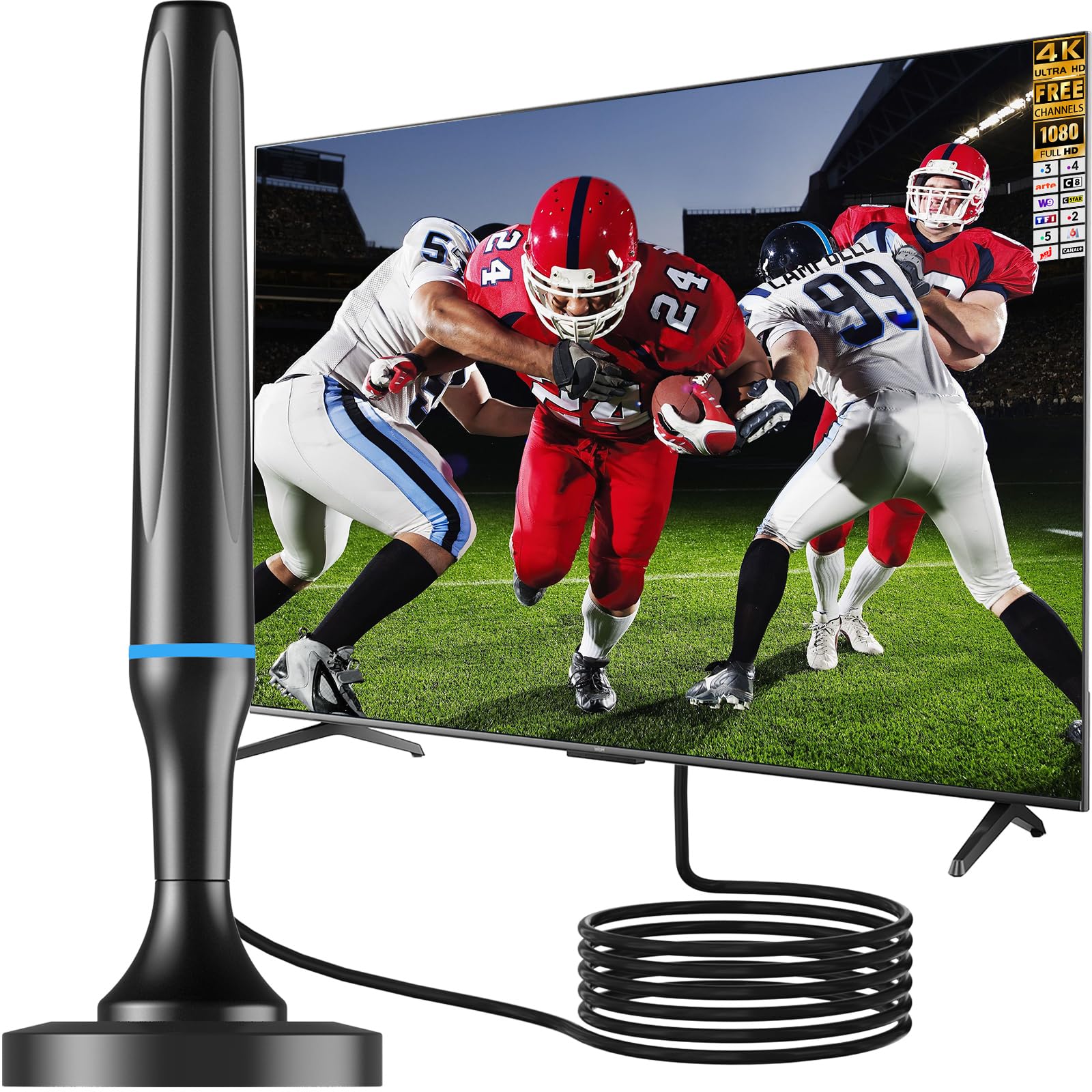 Antenne TV Intérieur Puissante TNT HD, 2026 Puissante Antenne TV Intérieur de Base magnétique puissante - 80km Réception Longue Portée à 360°, Compatible avec Portable 4K 1080P et Tous Les TVs (Bleu)