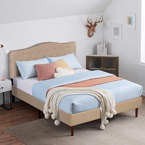 VECELO Classic Upholstered Platform Bed Diamond Stitched Cloth Panel Headboard/Mattress Foundation/Easy Assembly/Strong Slat Support Full,Beige