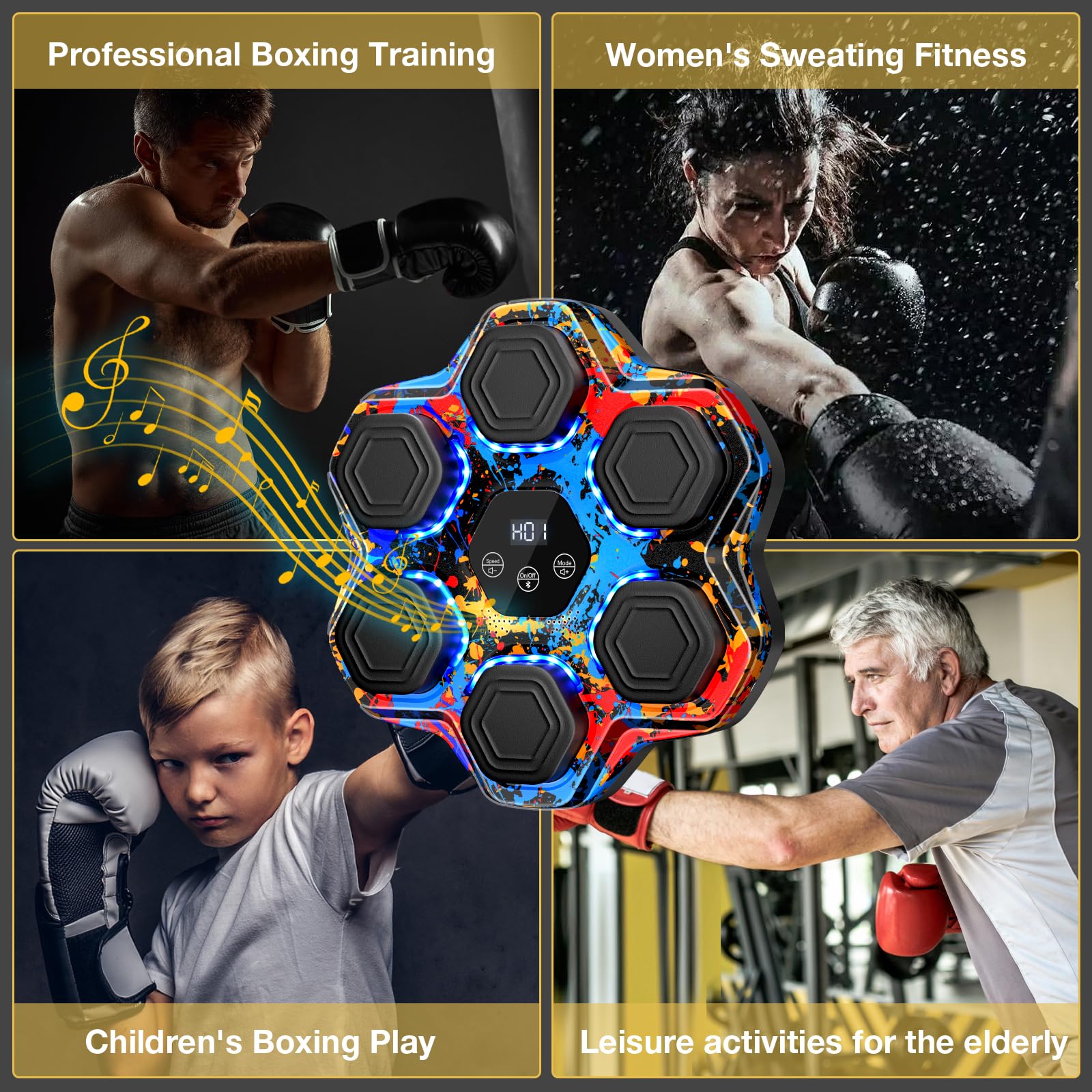 Music Boxing Machine, Smart Bluetooth Boxing Machine with Gloves, Wall Mounted Music Punching Trainer for Kids Adult, LED Electronic Boxing Workout Target with 9 Modes & 9 Speeds
