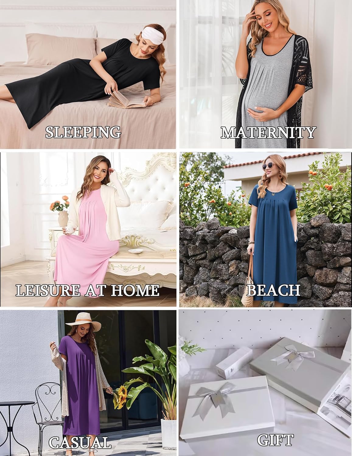 Ekouaer Cotton Nightgowns for Women Long House Dresses with Pockets Plus Size Night Gowns Short Sleeve Night Shirts S-3XL - Image 6