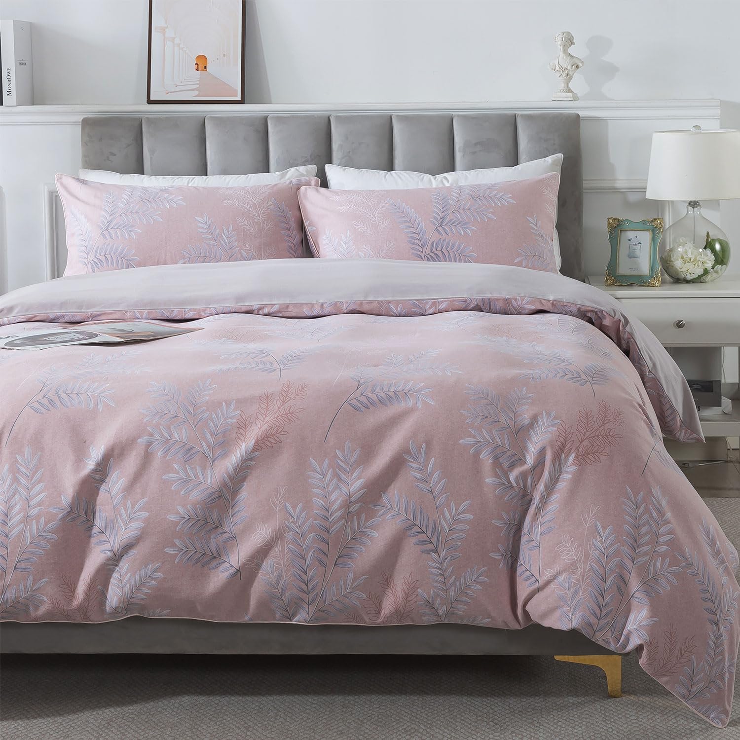 FADFAY Duvet Cover Set King/Cal King, 100% Brushed Cotton, Vintage Pink Foliage Print, Soft Reversible Comforter Cover with Zipper, Breathable All-Season Country Farmhouse Bedding, 3 Pieces