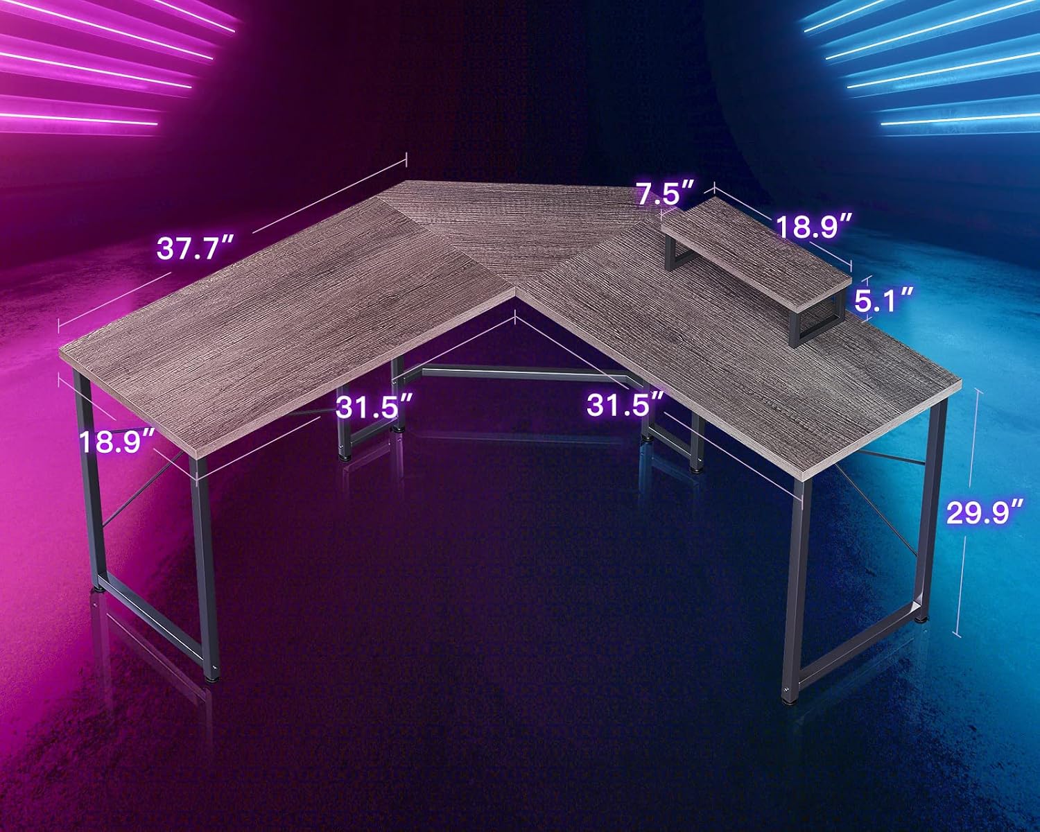 Diagram showing dimensions of ODK L Shaped Gaming Desk