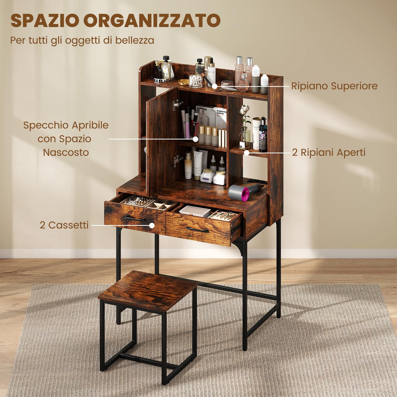 COSTWAY Toletta da Trucco con Specchio, Set Tavolo e Sgabello da Trucco con Stazione di Ricarica, Cassetti, Ripiani Aperti e Armadio, Consolle Toeletta con Sgabello, 80 x 50 x 138 cm (Marrone)