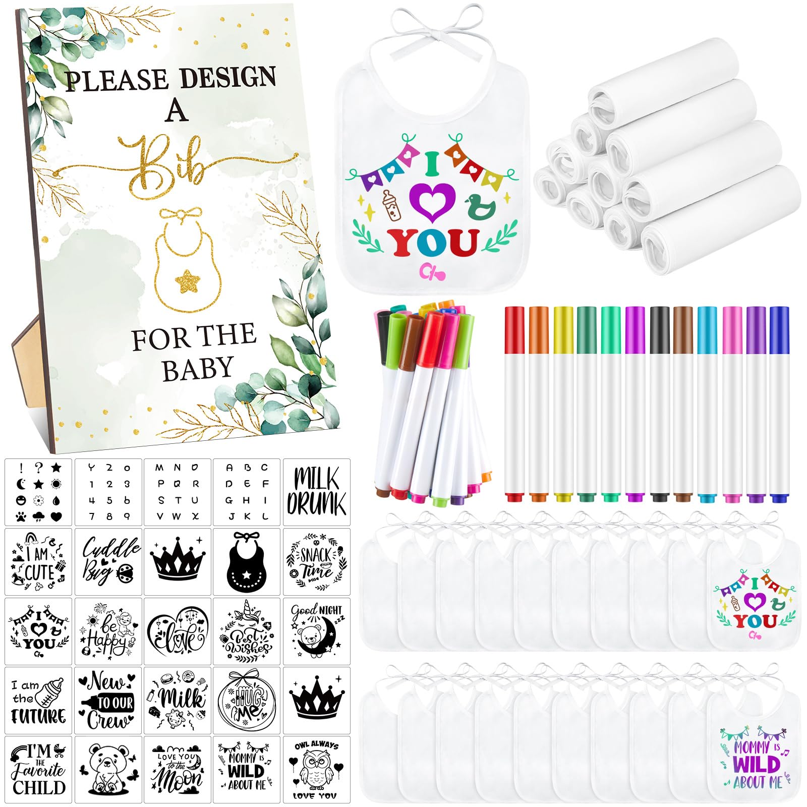 Panitay 100 Pcs DIY Baby Bibs Decorating Kit 50 White Bibs 25 Stencils 24 Fabric Markers 1 Baby Shower Game Sign