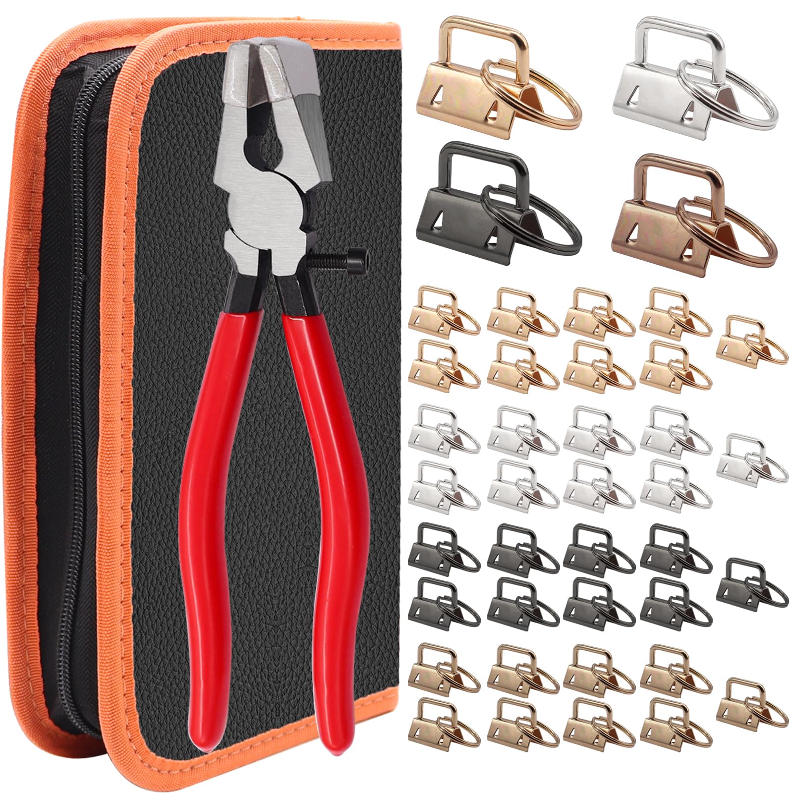 weideer 40 Sets Key Fob Hardware with Key Fob Plier Tools Bag, Glass Running Pliers for Wristlet Key Fobs/Key Lanyard/Key Chain Hardware Install