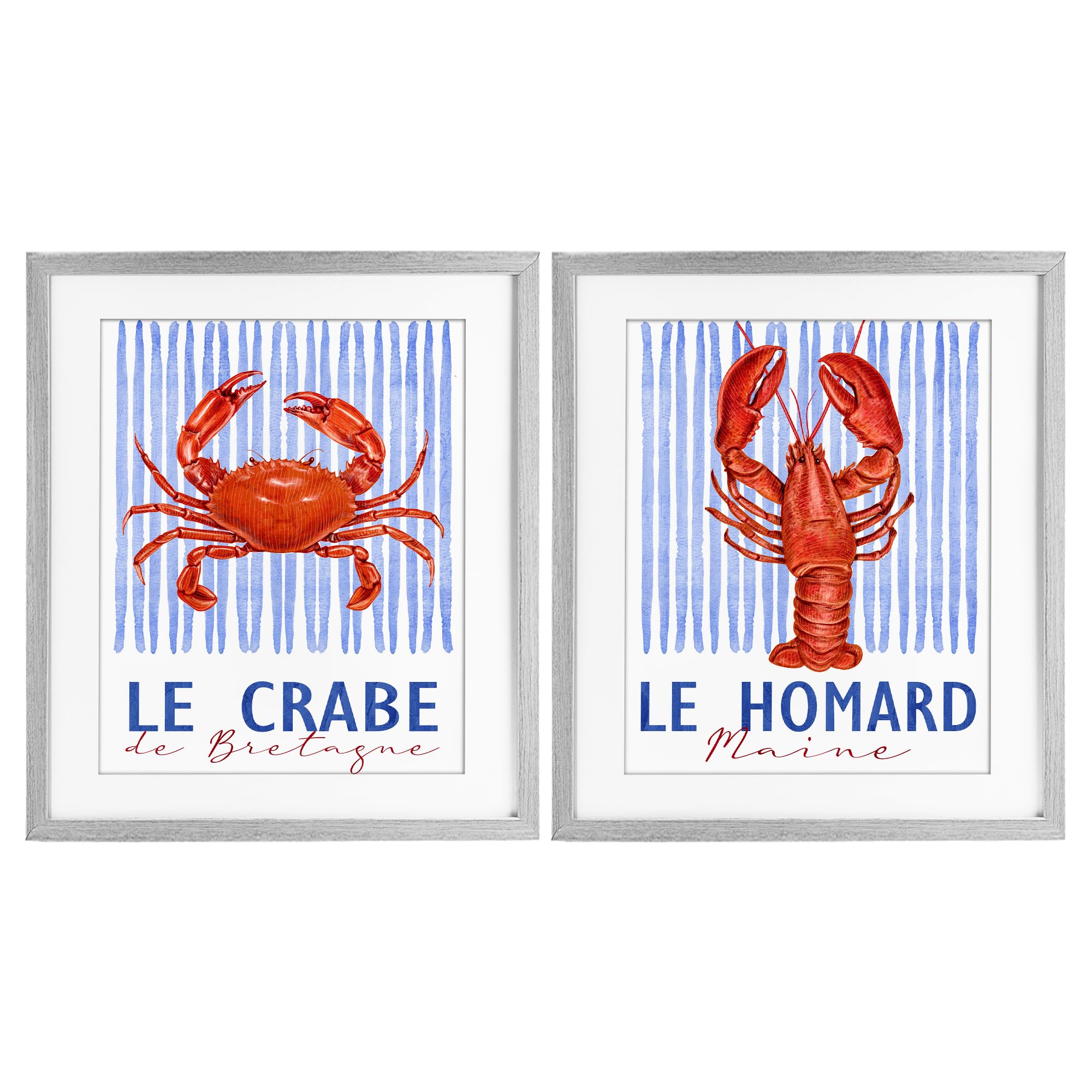 Nautical Stripes Sea Creatures, 17 x 21 Inch Framed Print Under Glass Set