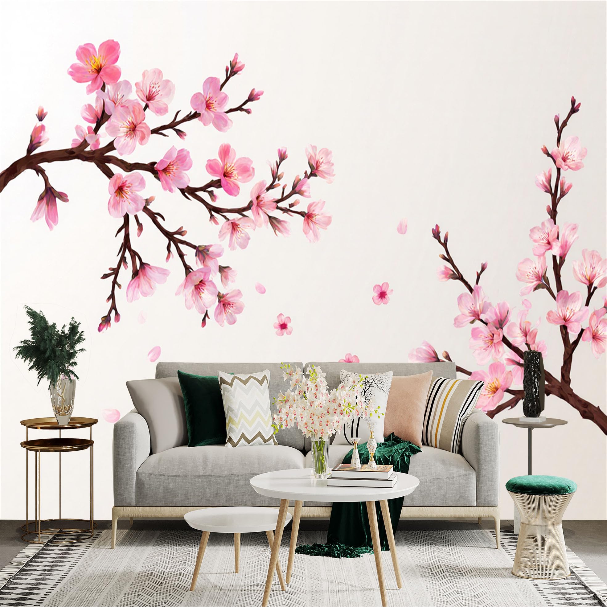 Custom Size Wall Sticker Mural， Pink Cherry Blossom Branches with Falling Petals， for wall Decoration， peelandstick wall Decals.