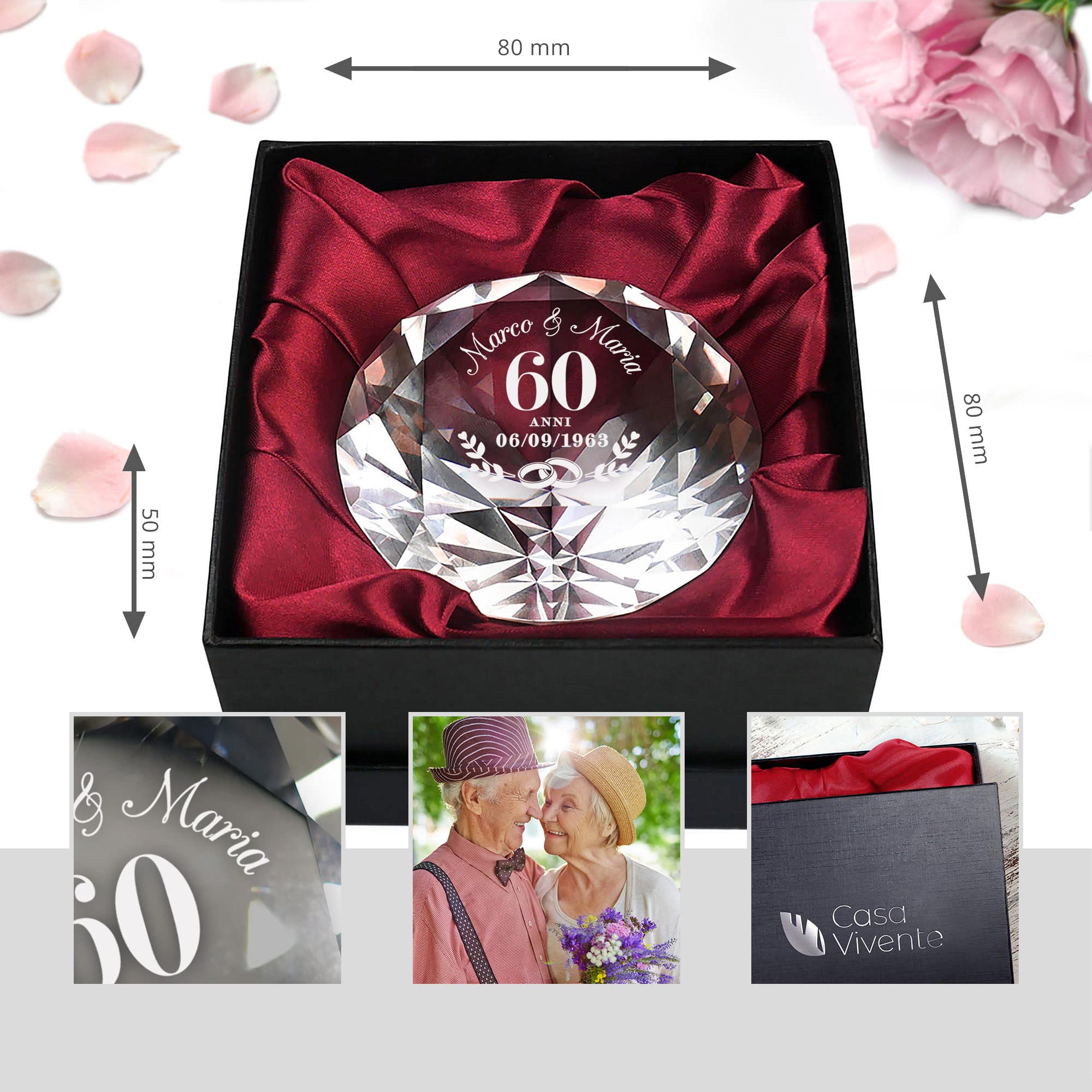 Casa Vivente Cristallo in Vetro a Forma di Diamante, Incisione Personalizzata 60° Anniversario di Nozze con Nomi e Data, Accessori Decorativi Casa