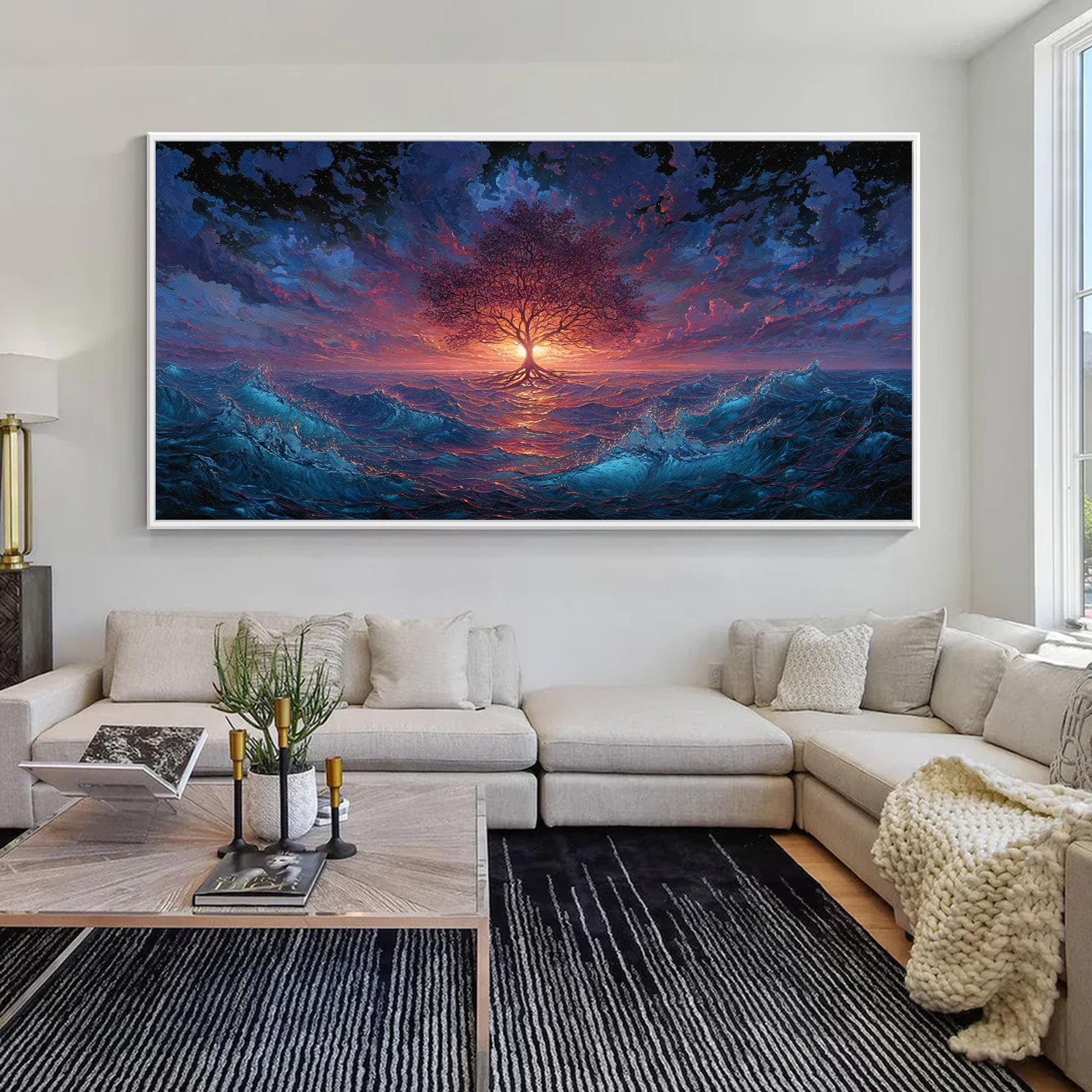 LMYCHENG Pintura al óleo de un árbol en el océano, imágenes abstractas de un amanecer, arte mural de paisajes, obra de arte en lienzo de estilo nórdico (80x160cm/marco interno)