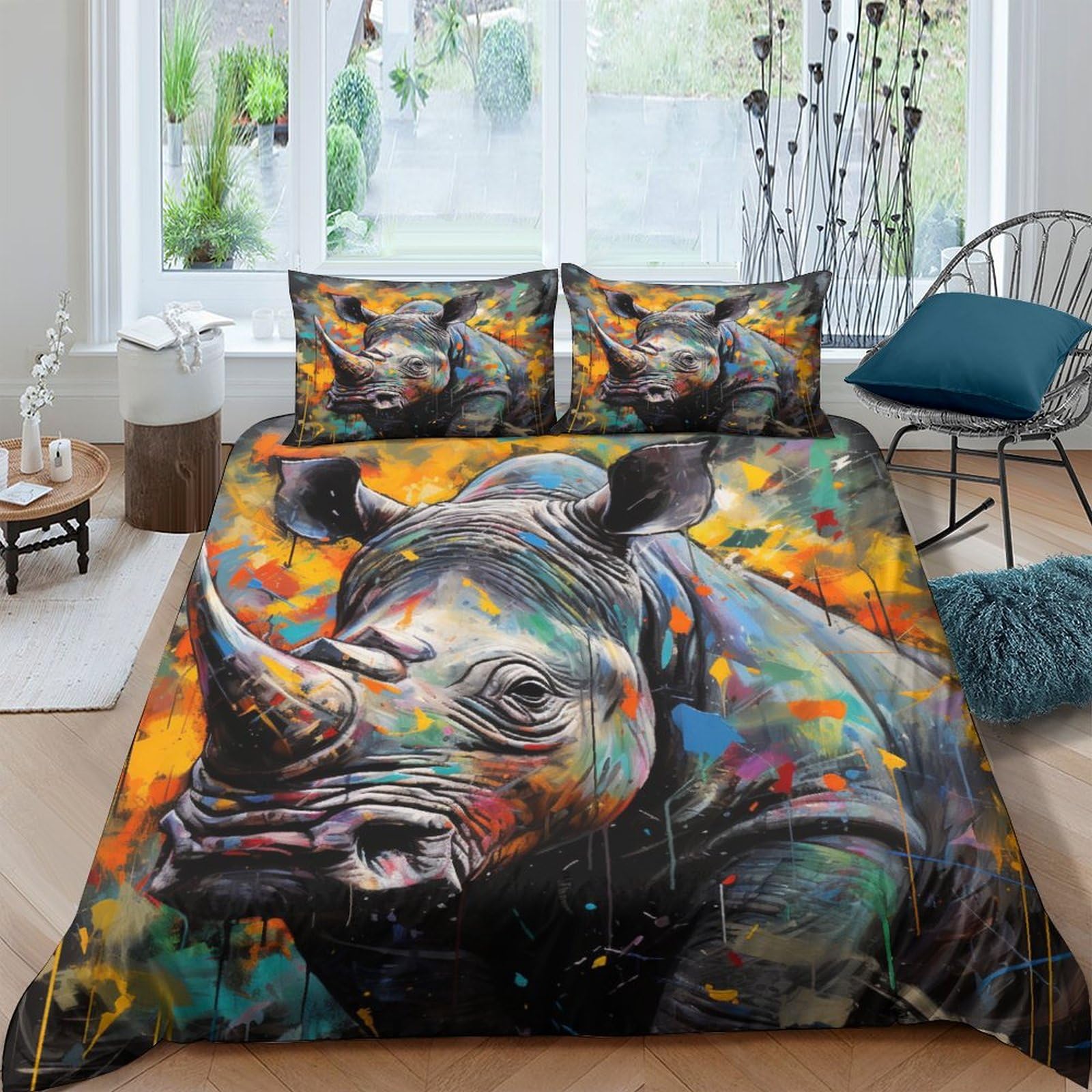 Housse de couette rhinocéros pour chambre d'enfant et adulte avec parure de lit sauvage