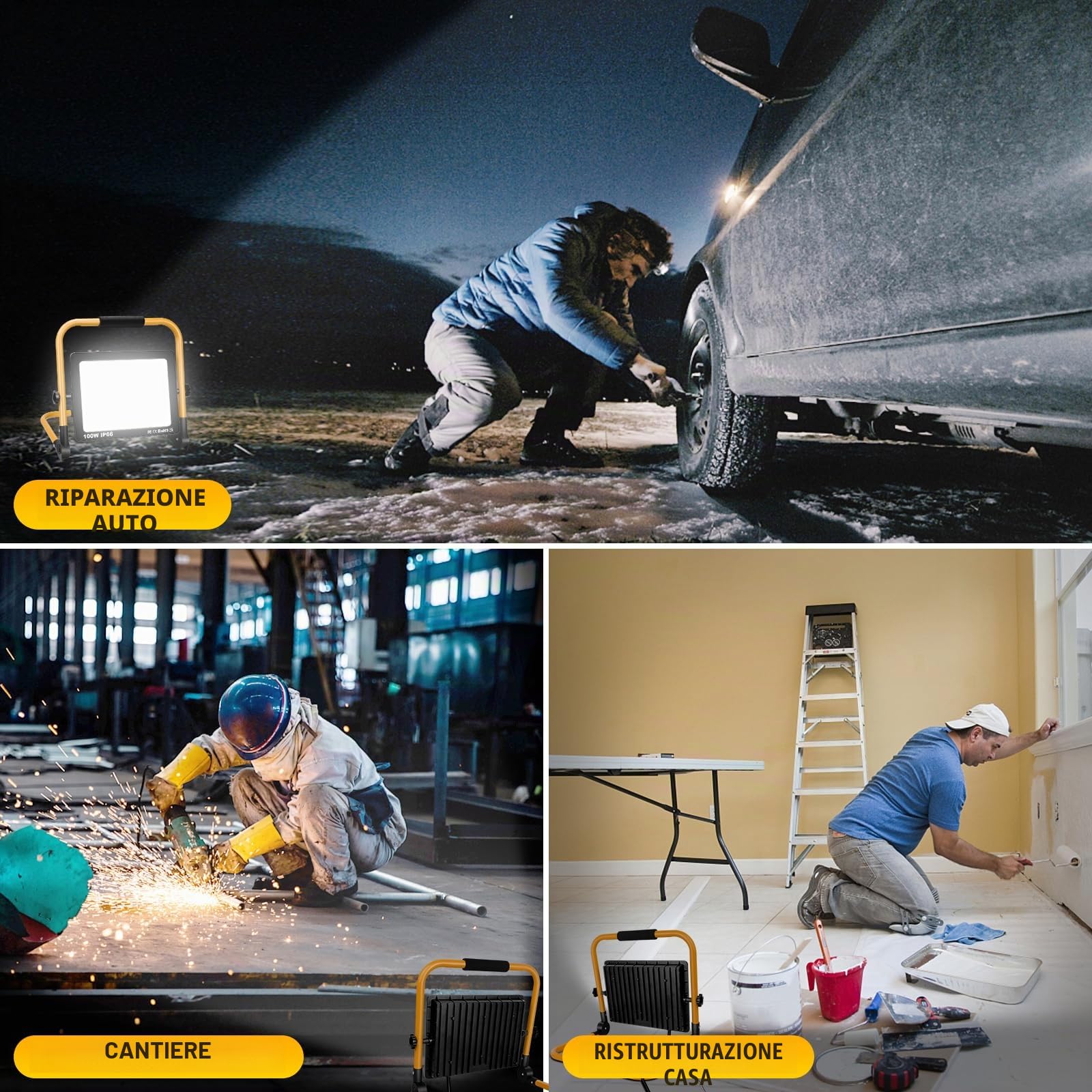 SKYWORLD Faro da Cantiere, 100W 10000LM Faretto Led Interno Portatile | Proiettore Led con Staffa Pieghevole, 3M Cavo e EU Spina per Cantiere Officina Garage Industriale Giardino, 6000K Bianco