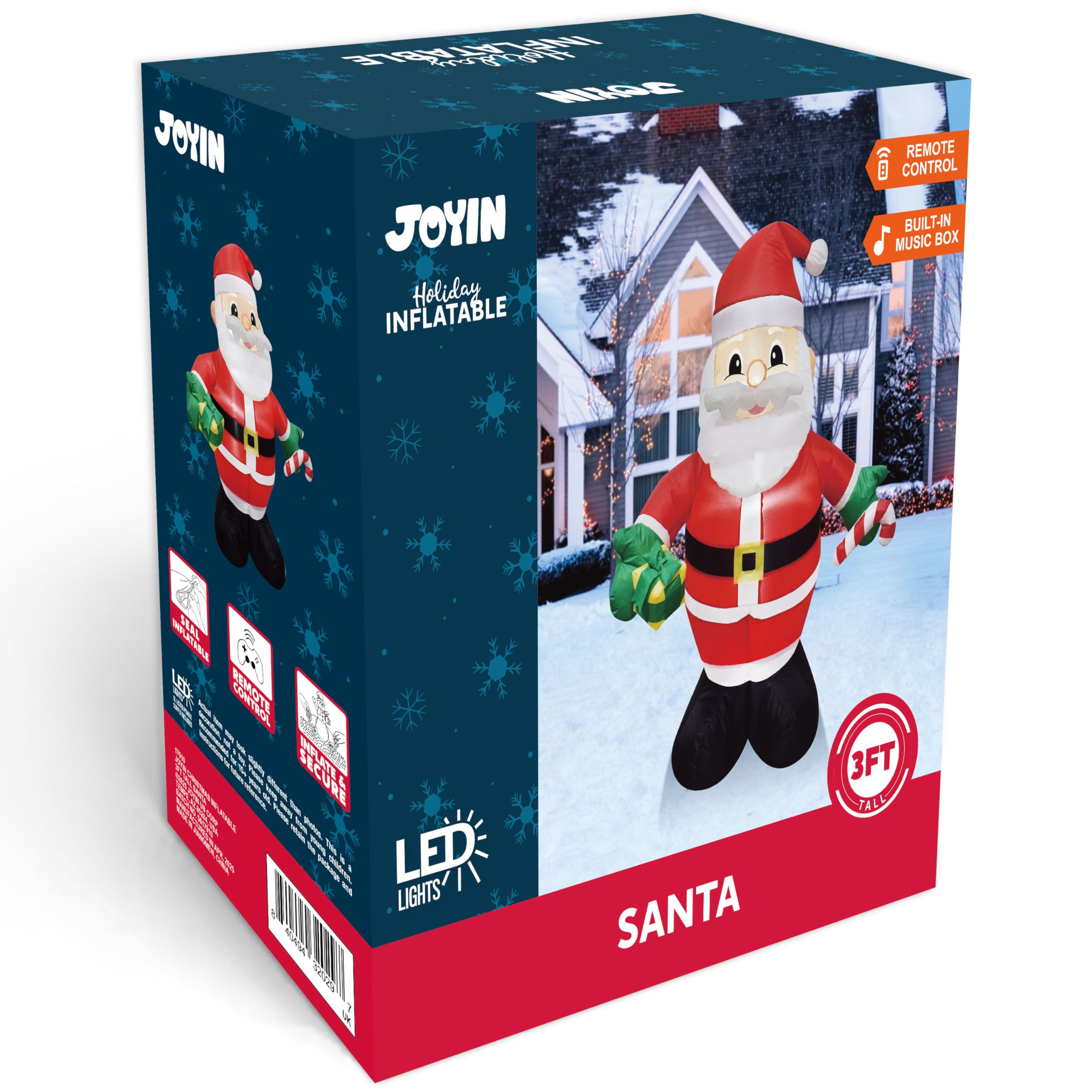 JOYIN Papá Noel inflable de Navidad de 3 pies de alto, Papá Noel inflable con control remoto con rotación de 360°, hacia adelante y hacia atrás, recargable para caminar con LED integrado y música para