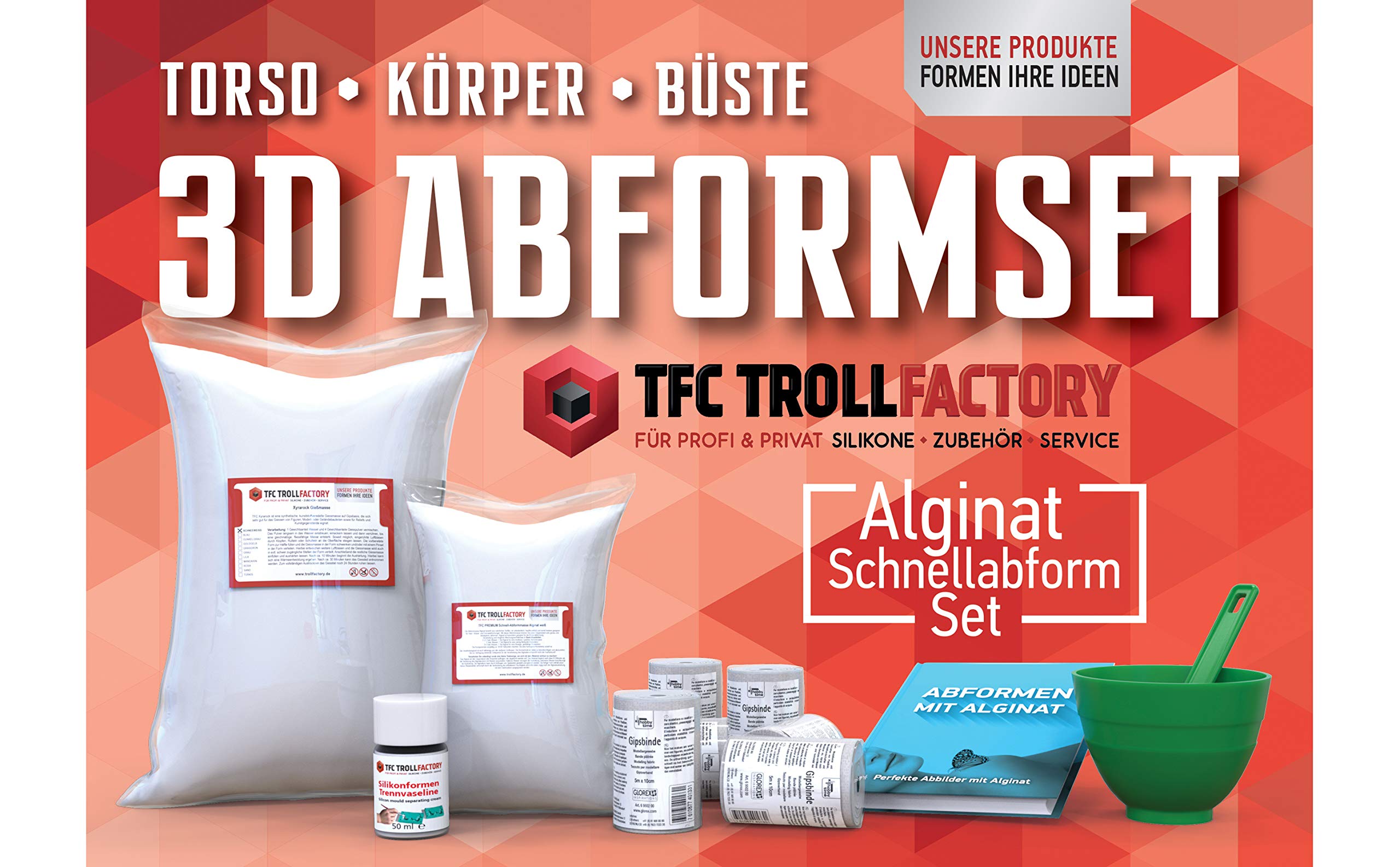 TFC 3D Körper Torso Abformset, mit 2kg TFC Alginat Abformmasse 9-11 Minuten, 6,0kg TFC Xyrarock Giessmasse 4:1, 6 Rollen Gipsgebinde, Mischbecher, Rührspatel und unser Fachbuch „Abformen mit Alginat“