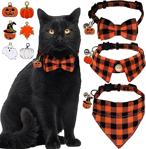 STMK Paquete de 3 collares navideños para gatos con campana, para Halloween, día de Acción de Gracias, gato, gatito, con corbatín, bandana, camisa,