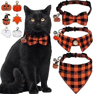 STMK 3 Pack Holiday Cat Collars with Bell, Breakaway Halloween Thanksgiving Day Cat Kitten Collars with Bow Tie Bandana Shirt Bell Pumpkin Ghost Maple Leaf for Holiday Cats Kittens Costumes Outfits