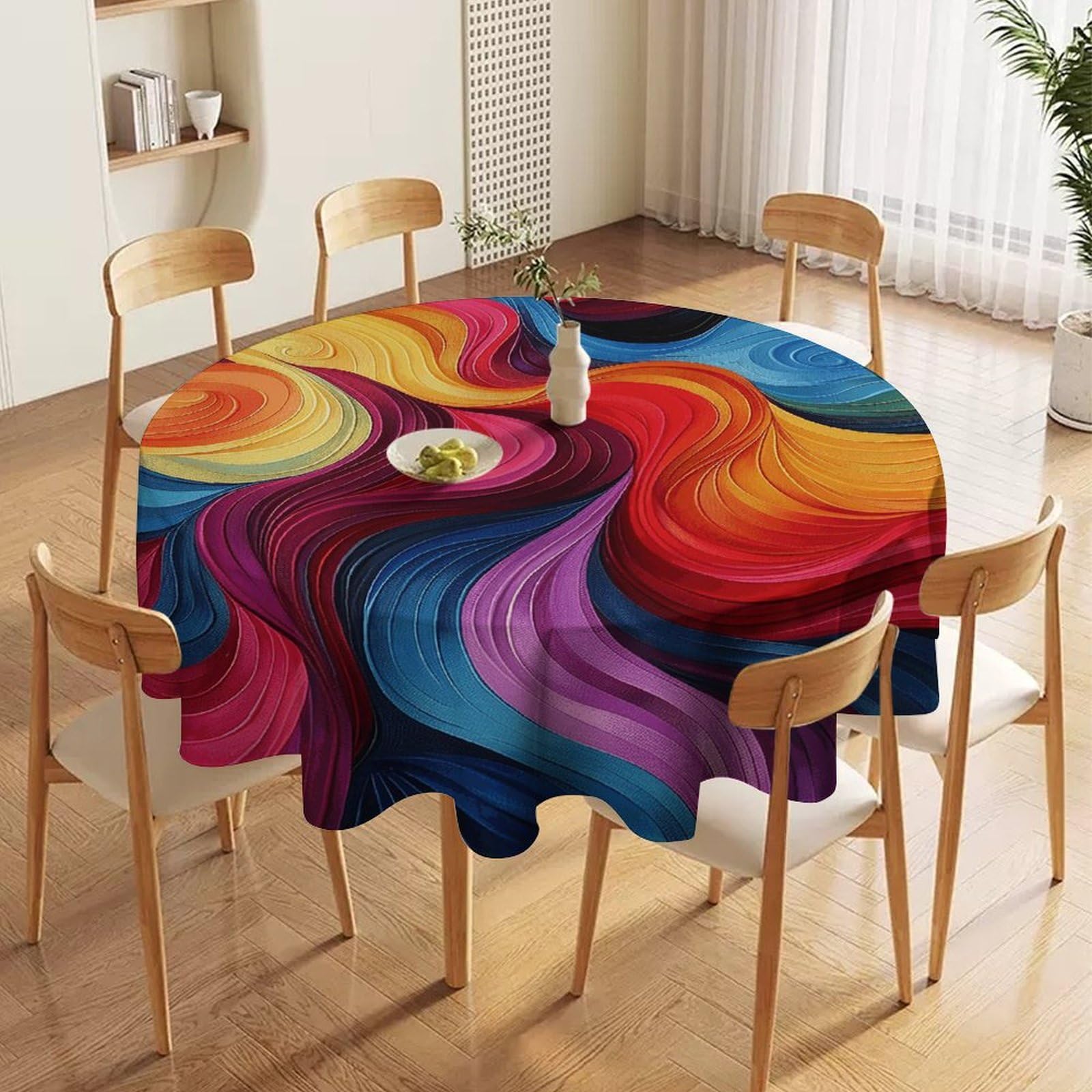 Nappe ronde imperméable 152cm style artistique ondulé pour table de cuisine et déco salle à manger