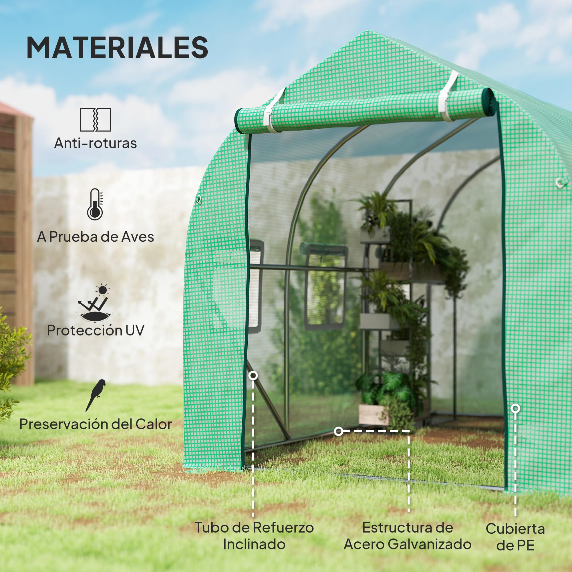 Outsunny Invernadero de Exterior 3x2x2 m Invernadero de Túnel con 6 Ventanas de Malla Puerta Enrollable Cubierta de PE 140g/㎡ Anti-UV Marco de Metal Galvanizado para Patio Jardín Verde