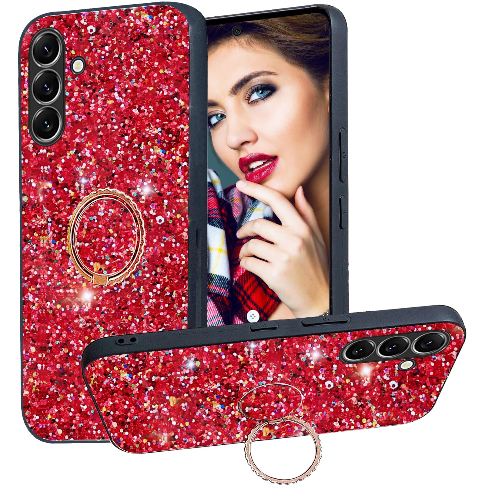 Ephoou for Samsung Galaxy A16 Case with Ring Kickstand, Women Girls Shiny Cute Glitter Sparkly Bling Shockproof Phone Cover for Galaxy A16 CZ-Red