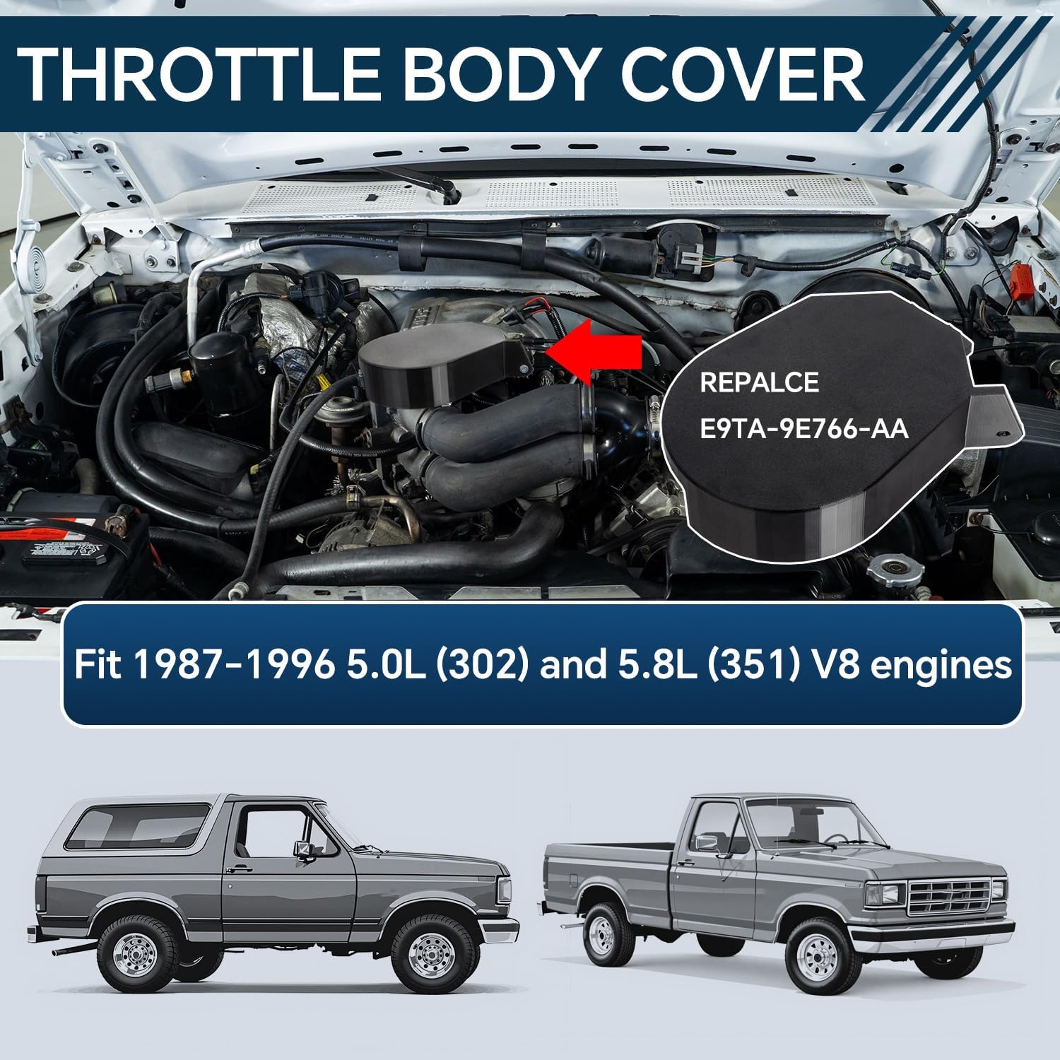 Throttle Body Cover Compatible with 1987-1996 Ford F150 F250 F350 Bronco 5.0L 5.8L V8 Replace E9TA-9E766-AA 3D Printed ABS