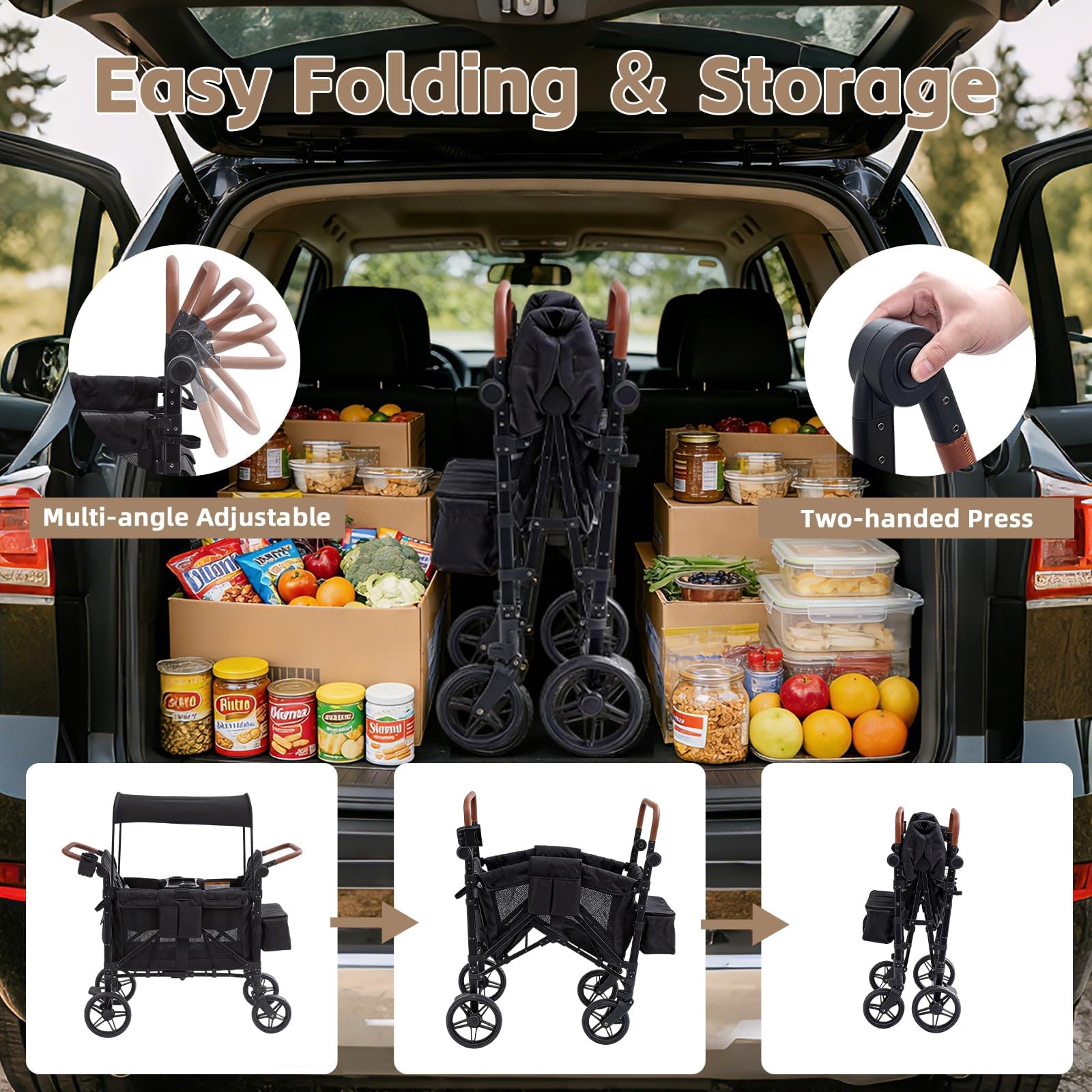 Bollerwagen Faltbar für 2-4 Kinder, Duo Schiebegriff Handwagen mit Dach, Bollerwagen Kinder 4 Sitzer für Ausflug Strand Camping