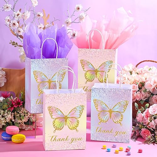 Miniatura 4 de Juego de 16 bolsas de regalo de fiesta de mariposas con papel de seda, bolsas de dulces de flores rosas y moradas, pequeñas bolsas de papel floral