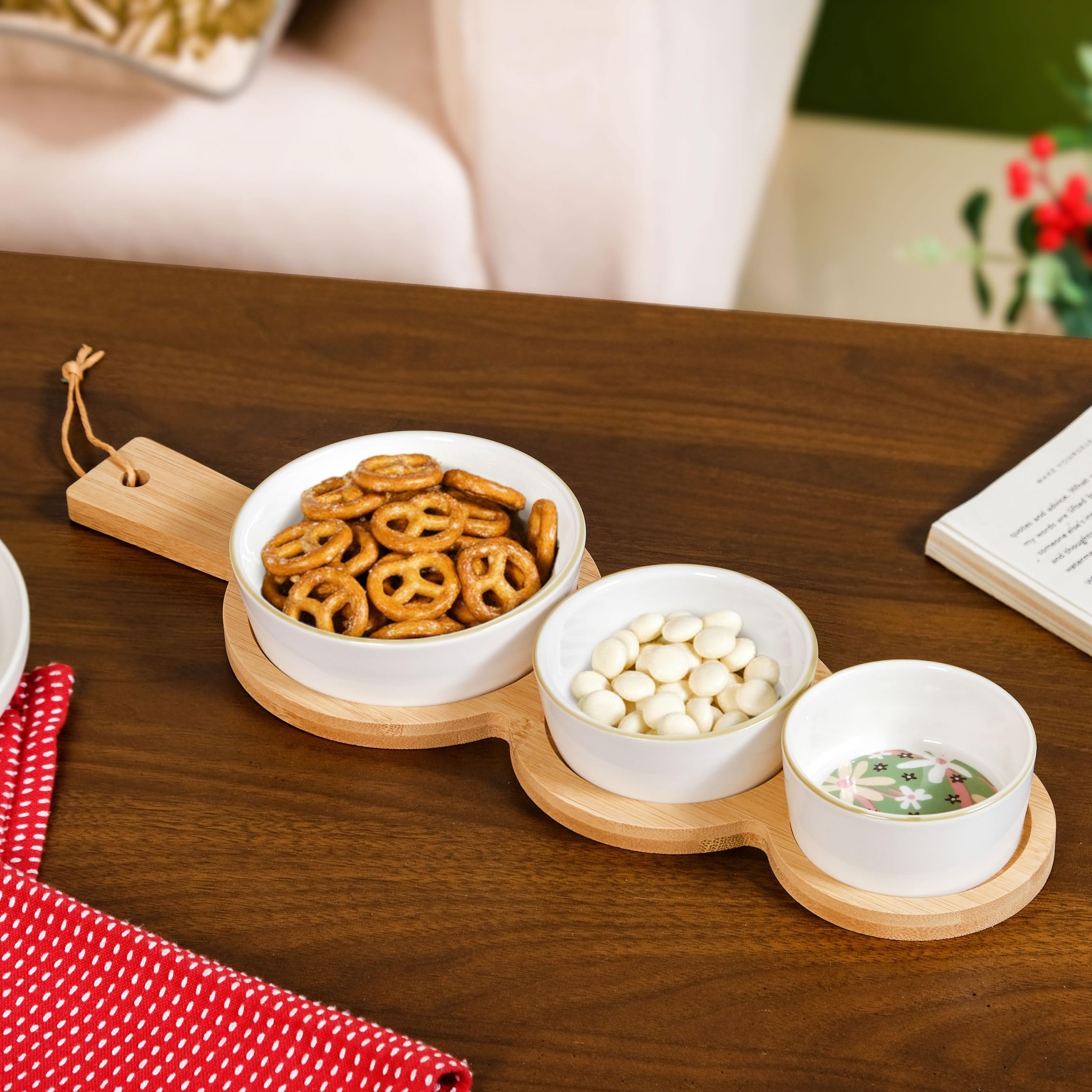 Nestasia Ceramic Serving Platter Set | 3 Small Microwave Safe Snack Bowls with 1 Wooden Tray | 100% Food Safe Tray Set - Perfect for Serving Dips, Dry Fruits & Snacks (Green & White)