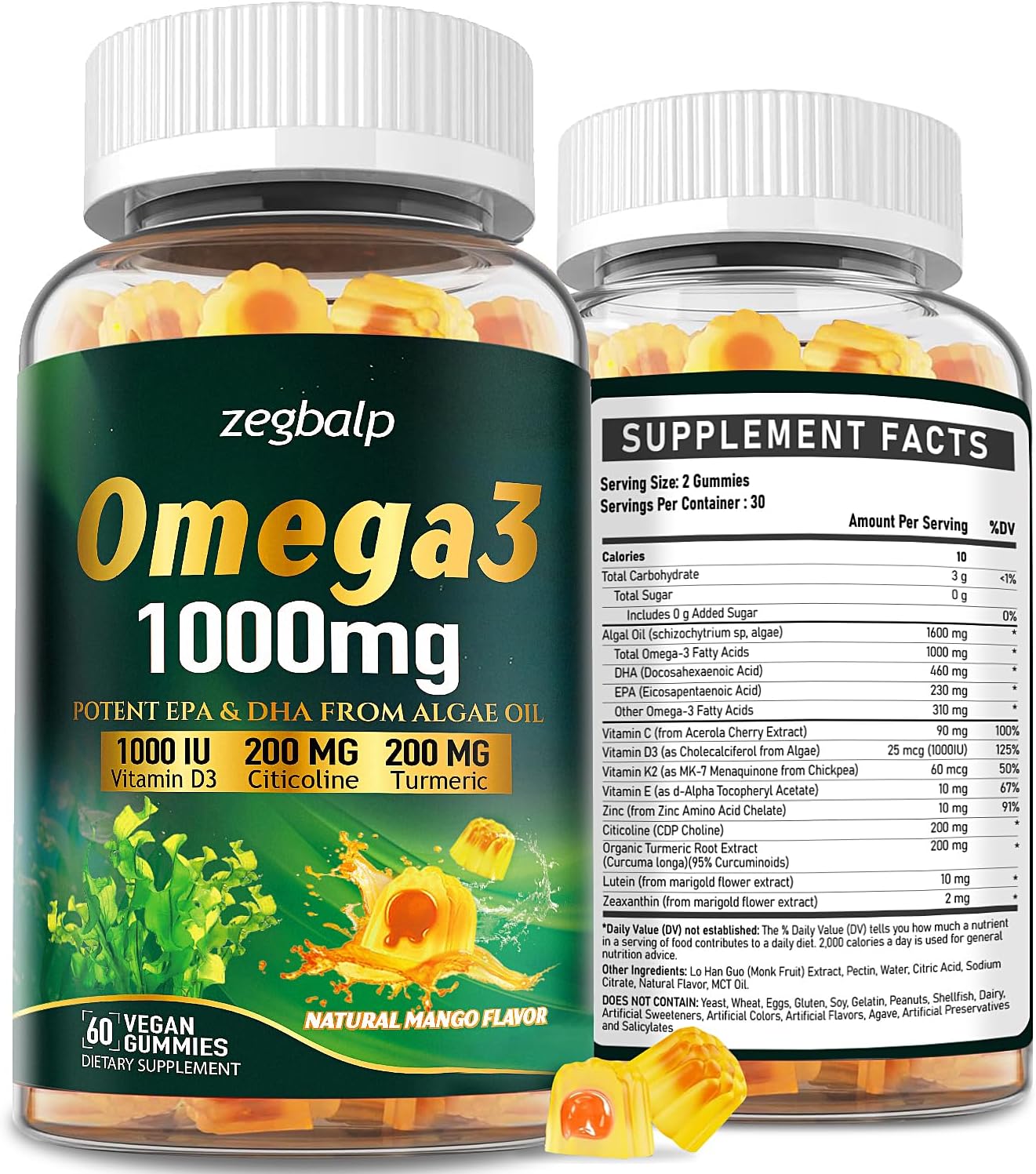 Omega-3 Supplement Gummies for Women & Men - 1000mg Vegan Omega3 DHA & EPA with Turmeric, Vitamin D3, K2, Citicoline for Overall Health - Algae Oil Omega 3 Fatty Acid Supplements, Sugar-Free