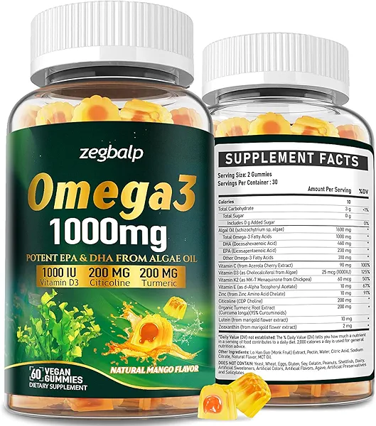 Omega-3 Supplement Gummies for Women & Men - 1000mg Vegan Omega3 DHA & EPA with Turmeric, Vitamin D3, K2, Citicoline for Overall Health - Algae Oil Omega 3 Fatty Acid Supplements, Sugar-Free