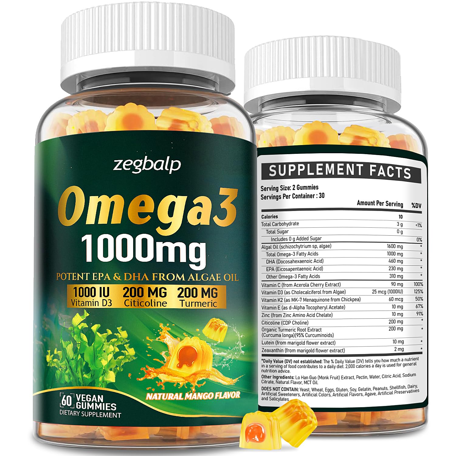 Omega-3 Supplement Gummies for Women & Men - 1000mg Vegan Omega3 Mango 60 Count (Pack of 2)