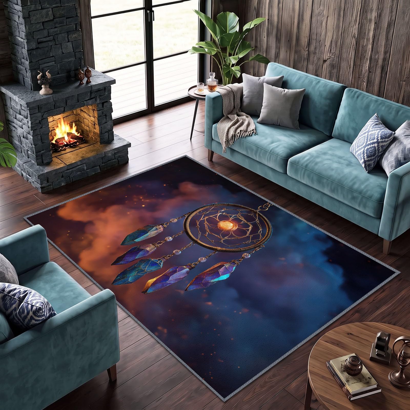 Weicher Kurzflor Fantasy Sternenhimmel Teppich 120x170 cm, Sci-Fi Universum Boho Traumfänger Waschbarer Rutschfester Teppiche - Kuschelig Blauschwarz Teppich für Schlafzimmer Bettvorleger Flur