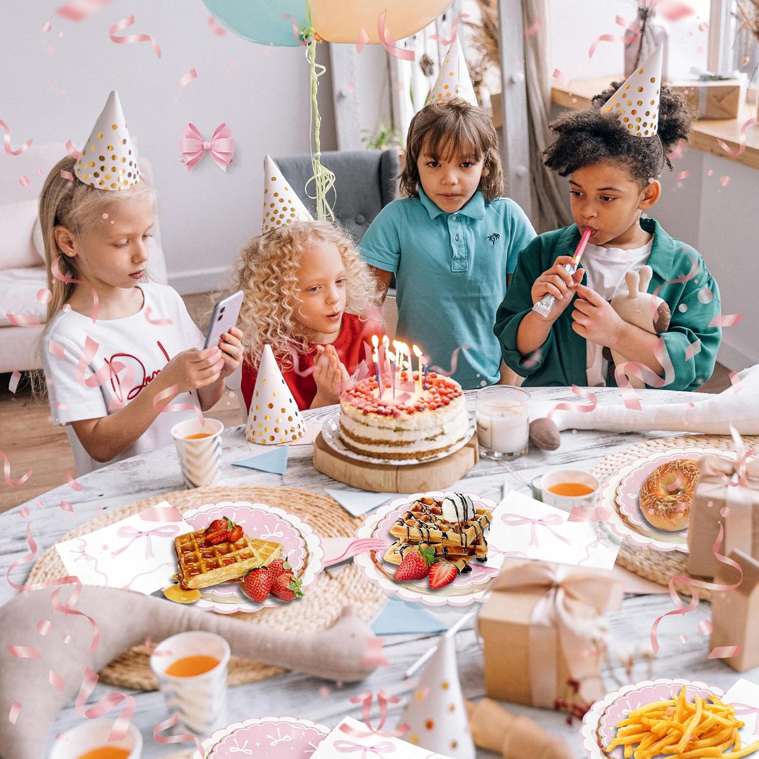 CANREVEL 96 PCS Bow Party Plates Serve 24, Bow Plates and Napkins Forks Set, Disposable Tableware for Birthday Supplies Party Decorations for Grils Kids Women - Image 2