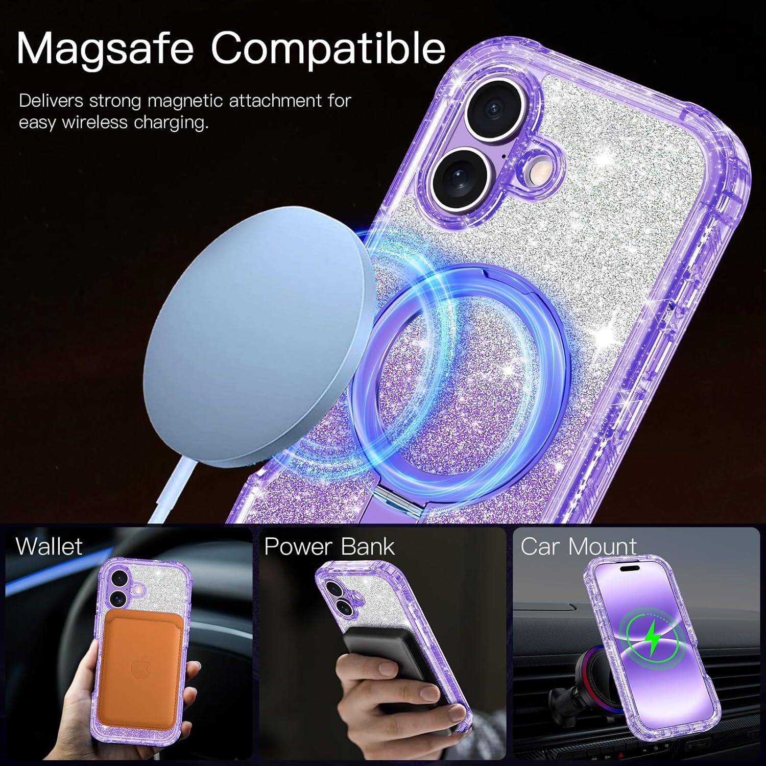 for iPhone 17 Case,[Magnetic Stand][Fit for MagSafe][Glitter Card][Built-in 9H+ Screen Protector] Military-Grade Drop Proof Shiny Cover for Apple iPhone 17,Glitter Purple
