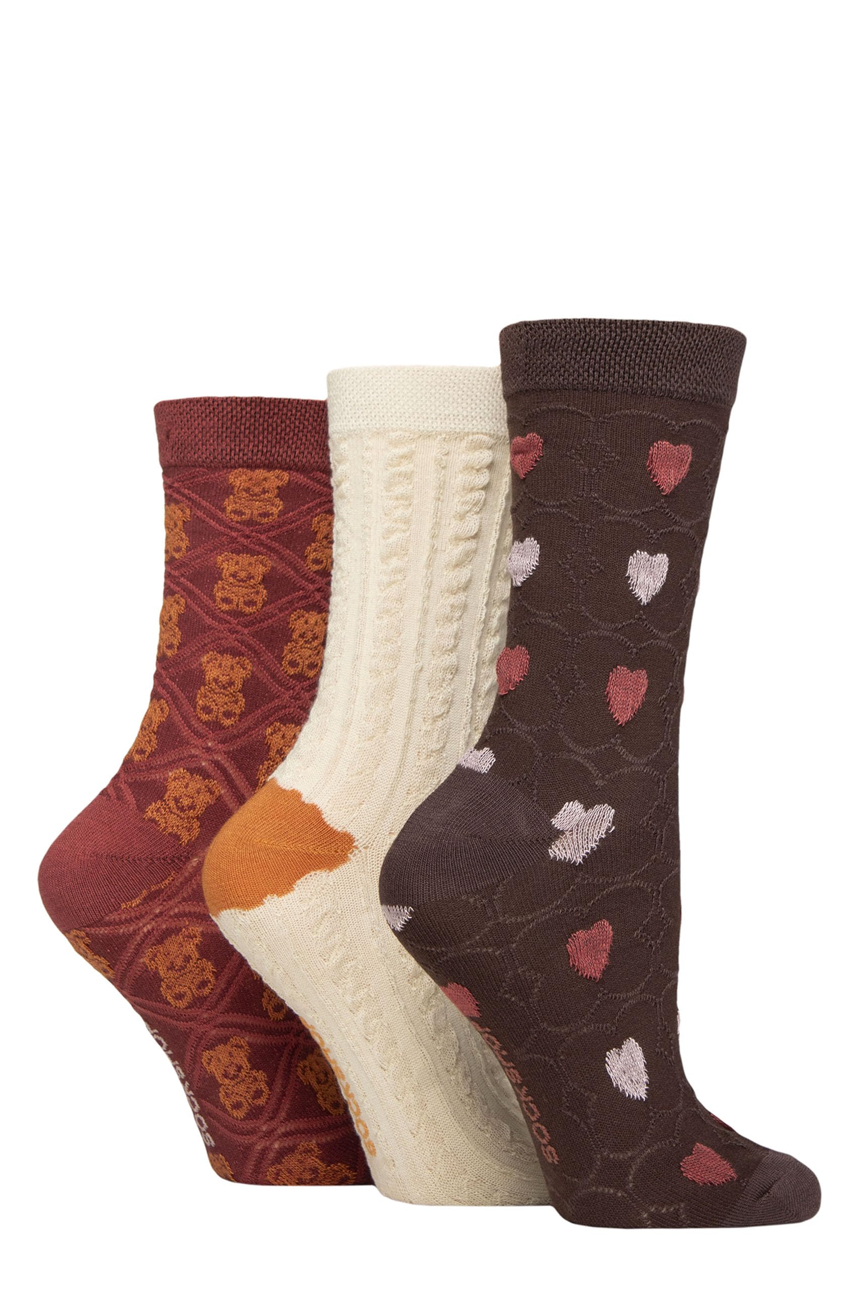 SockShop Ladies 3D Textured Patterned Pelerine Soft, Cooling and Breathable Bamboo Socks in a Multipack of 3 Pairs (UK, Numeric, 4, 8, Regular, Regular, Teddy Hearts)