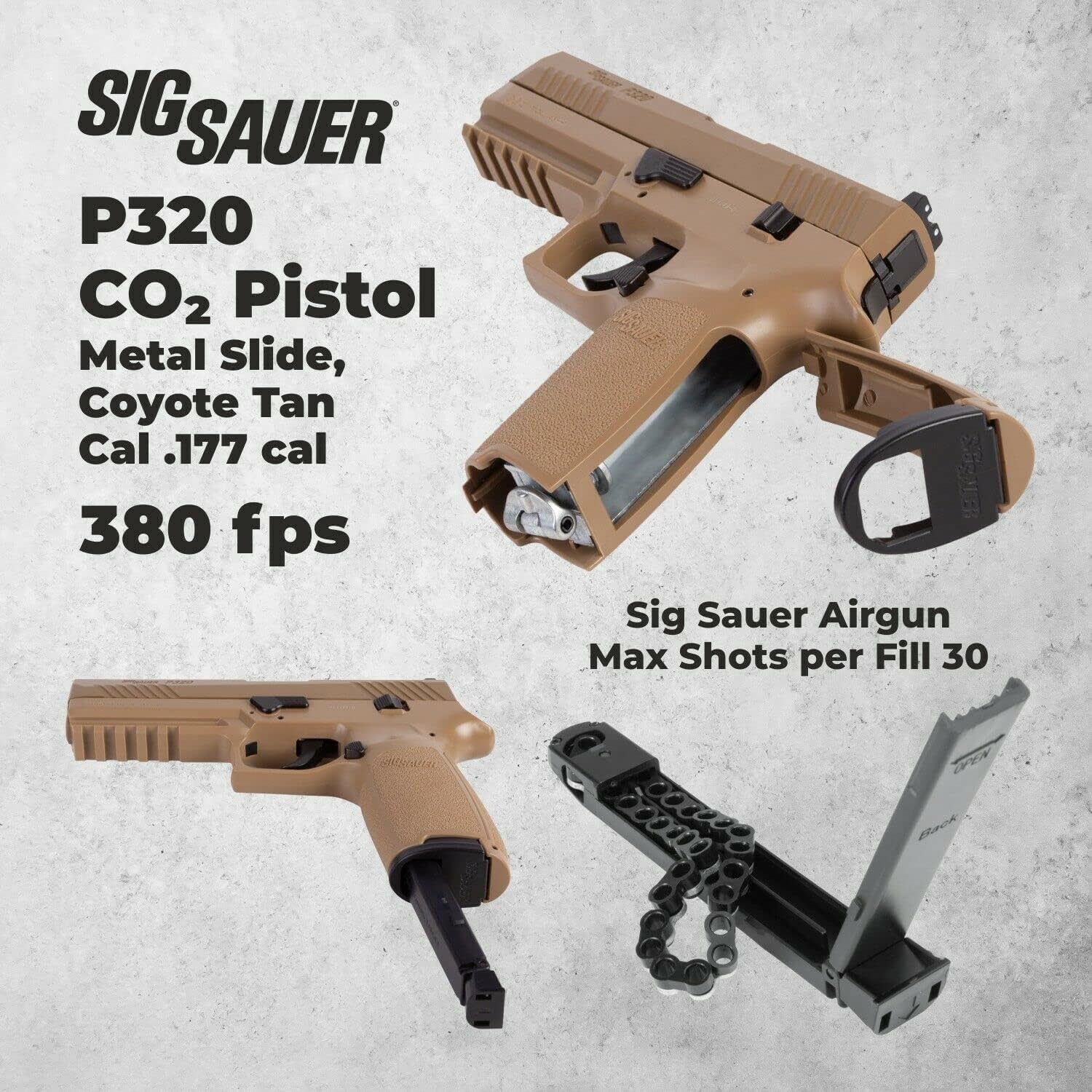 SIG Sauer P320 Air Pistol with CO2 12 Gram (15 Pack) and 500 Lead Pellets Bundle (Coyote Tan)
