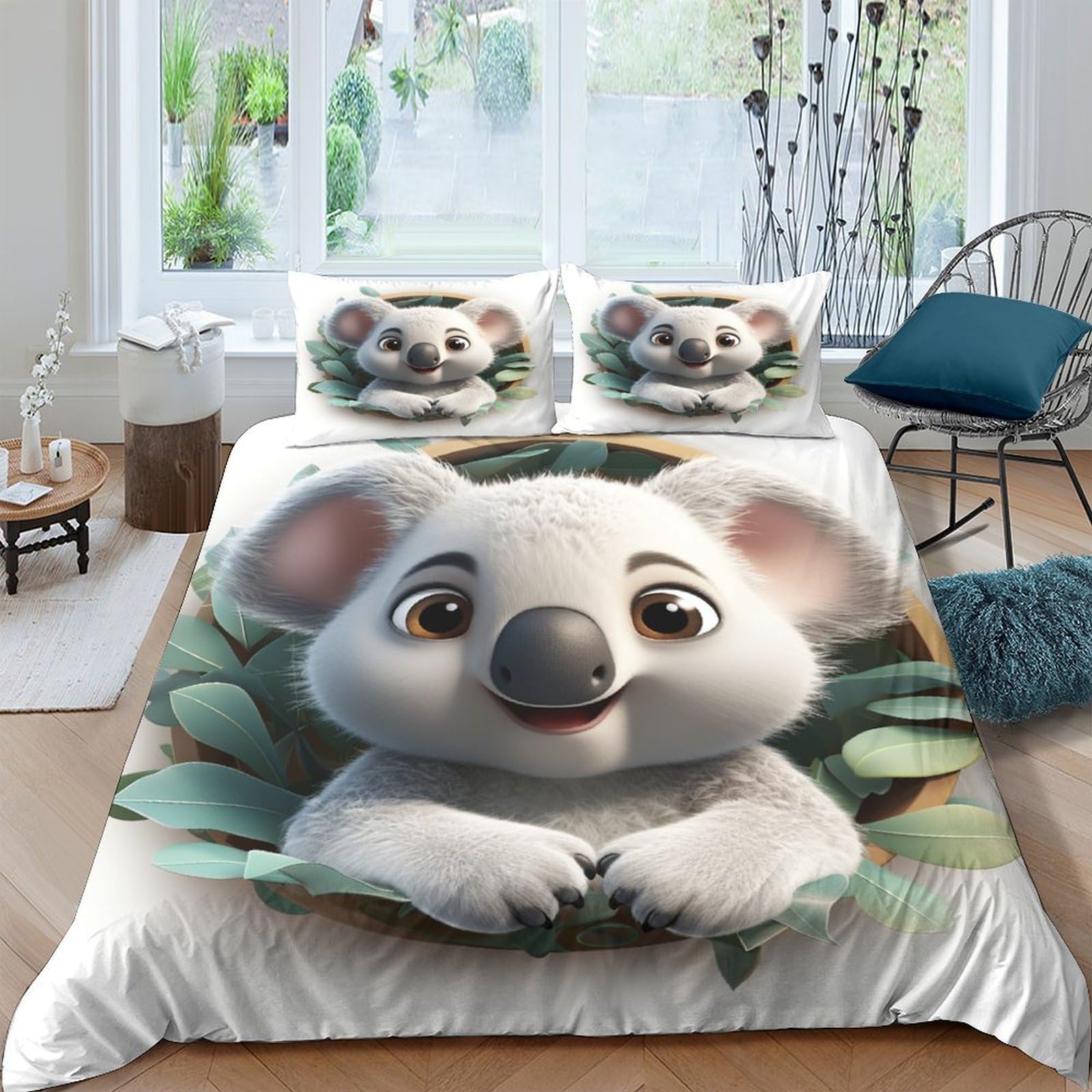 Parure de lit 3 pièces microfibre hypoallergénique housse de couette koala