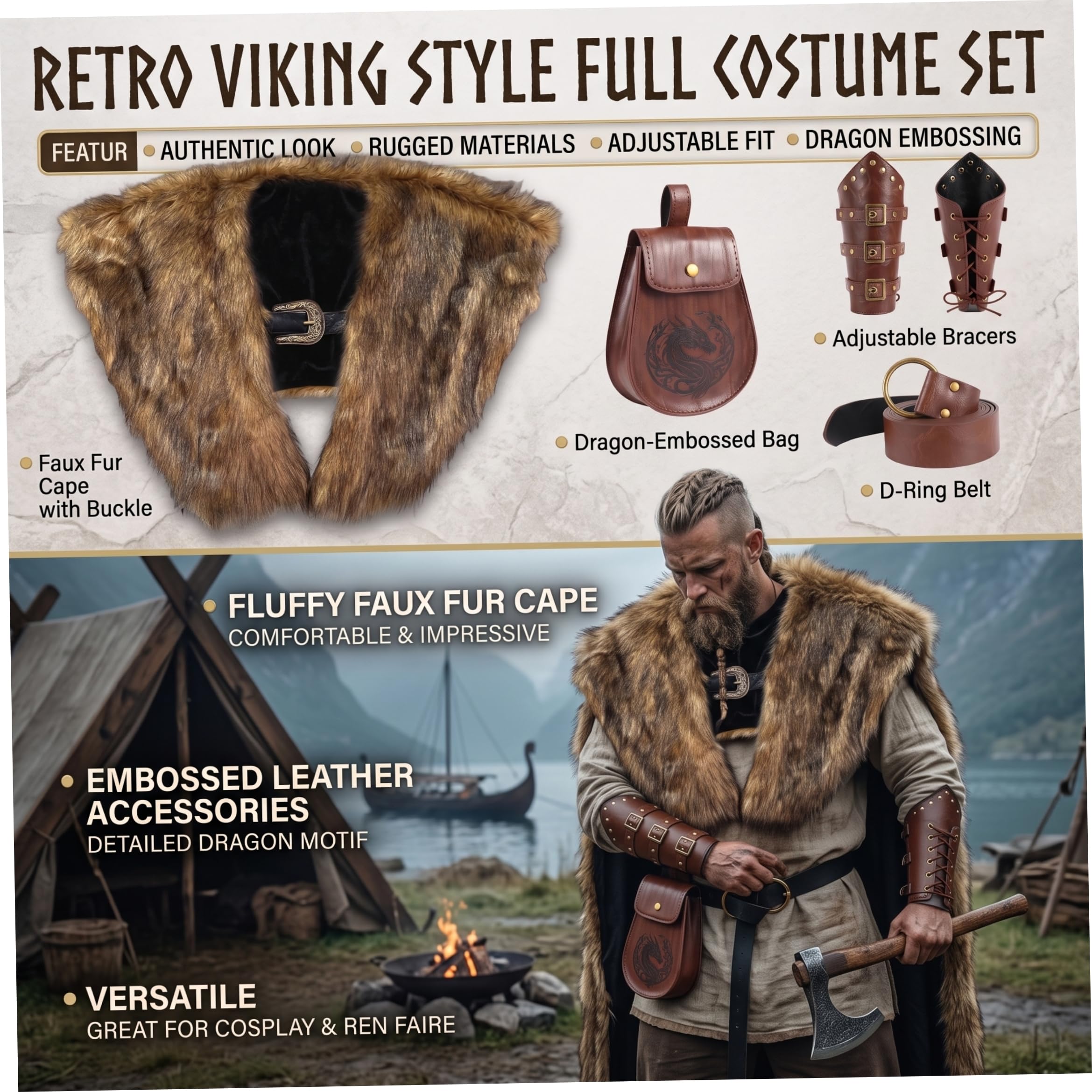 Costume da barbaro da uomo in costume da vichingo, scialle in pelliccia sintetica e set di accessori pelle per stile cosplay 1, vestito da vichingo