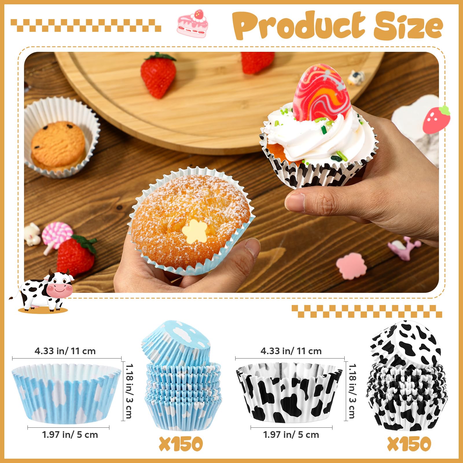 Cunhill 300 Pcs Paper Baking Cups Include 150 Cloud Blue Cupcake Liners 150 Cow Print Cartoon Story Cupcake Topper for Cake Balls Muffins Toy Theme Birthday Baby Shower Party Supplies
