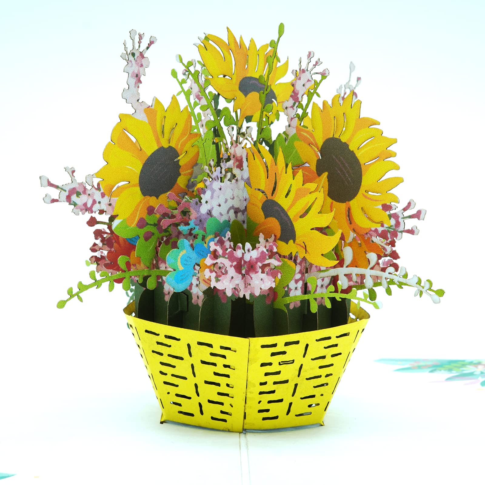 brand paper card, pops up with sunflower basket image. The outer part is made of yellow cardboard, size: (6x6) in.