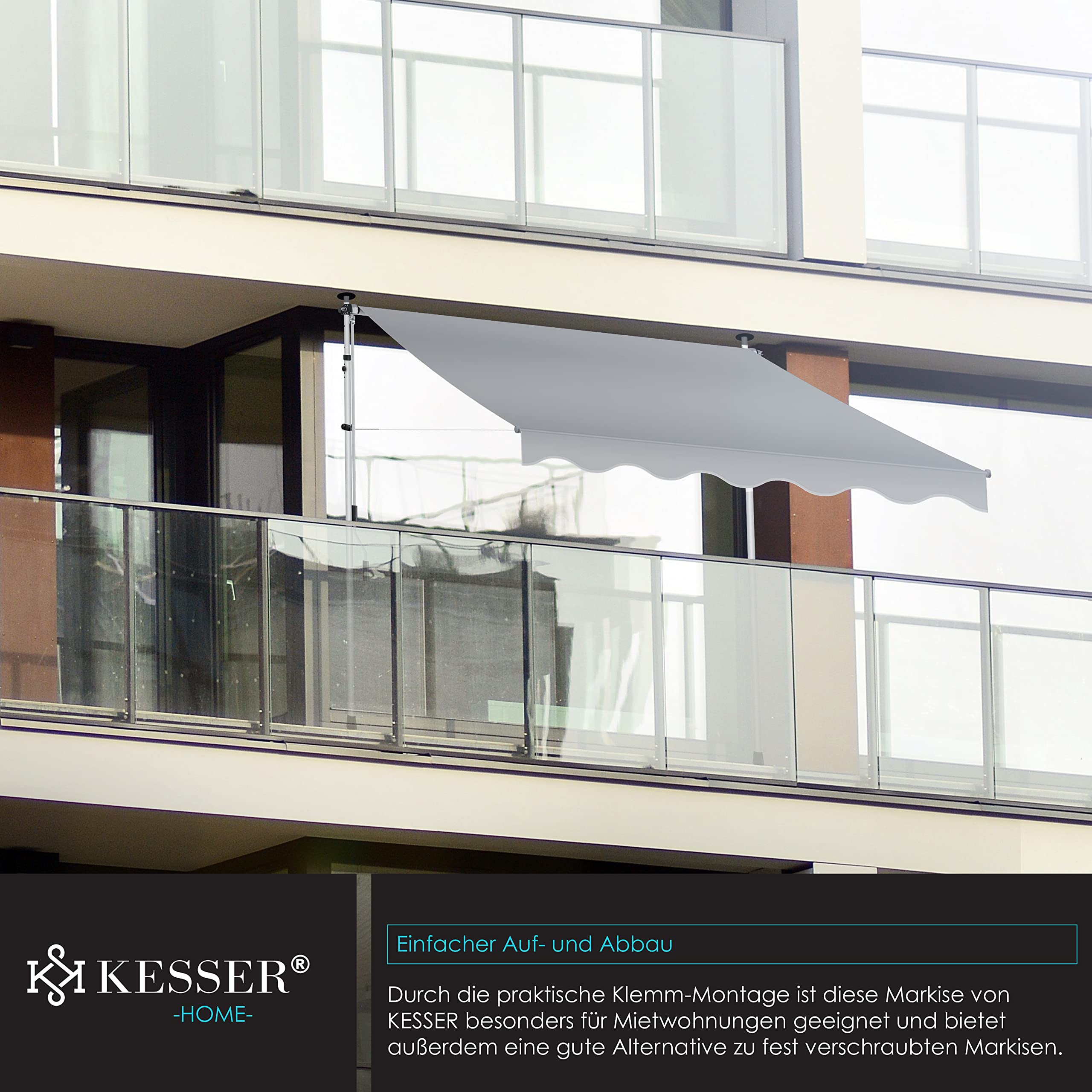 KESSER® Tenda da Sole a Morsetto con manovella per Balcone, Tenda da Sole per Balcone, Regolabile in Altezza, Idrorepellente, Protezione Solare, Copertura per terrazze, Grigio, 400cm