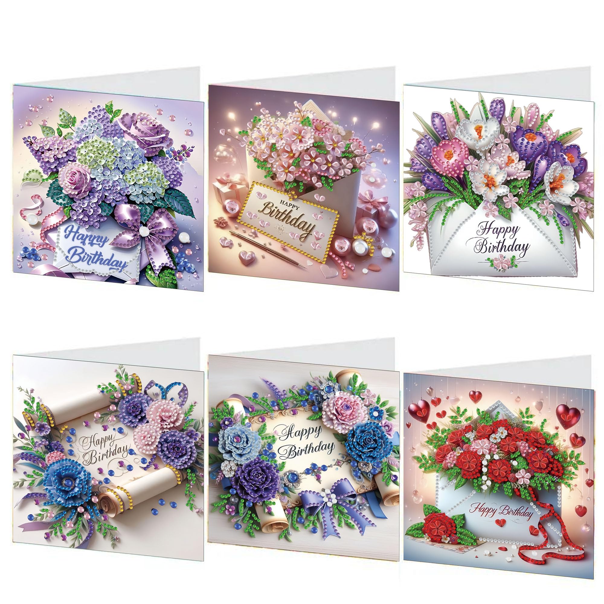 Aodejoy 6 PCS DIY Diamond Painting Greeting Card Set, Birthday Theme Rhinestone Diamond Art Mosaic Postcards Diamond Art Greeting Cards for Birthdays Thanksgiving & Special Occasion-04