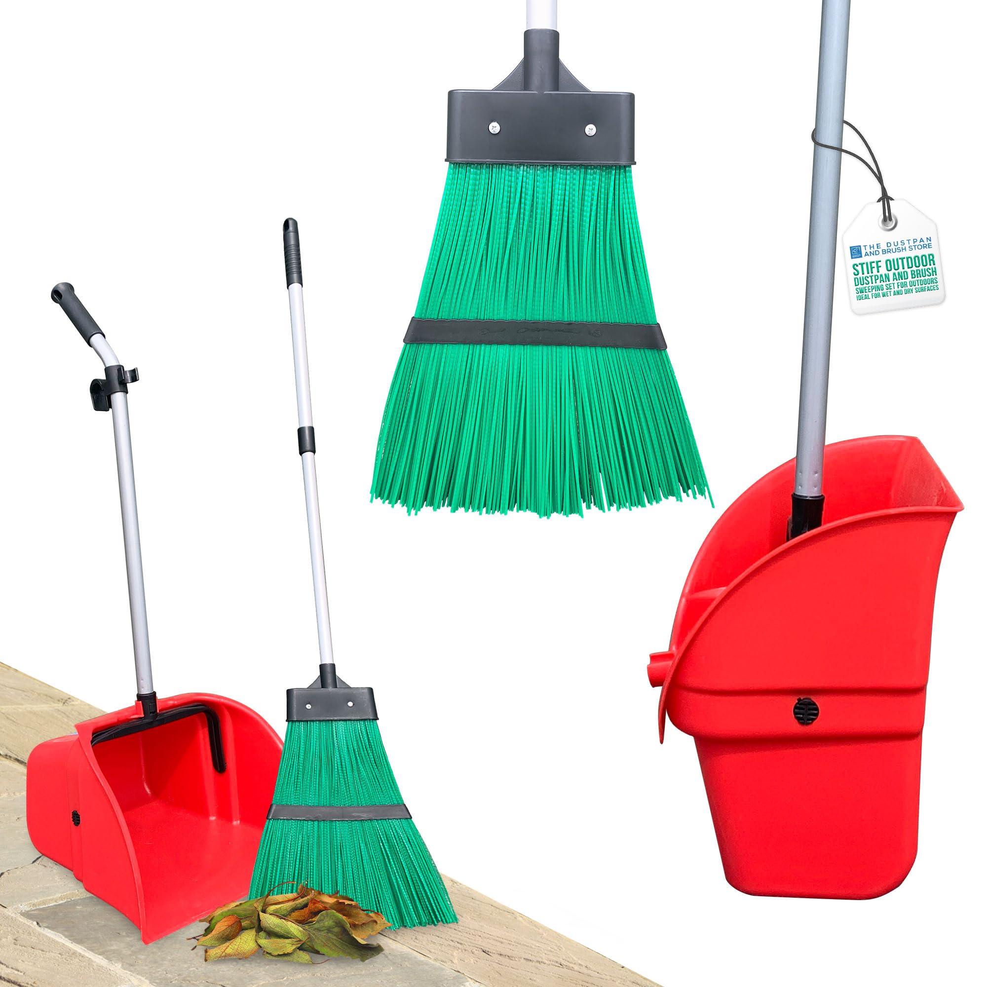 Long Handled Outdoor Dustpan and Brush Set, Large Garden Leaf / Waste Scoop Dust Pan with Stiff Yard Broom