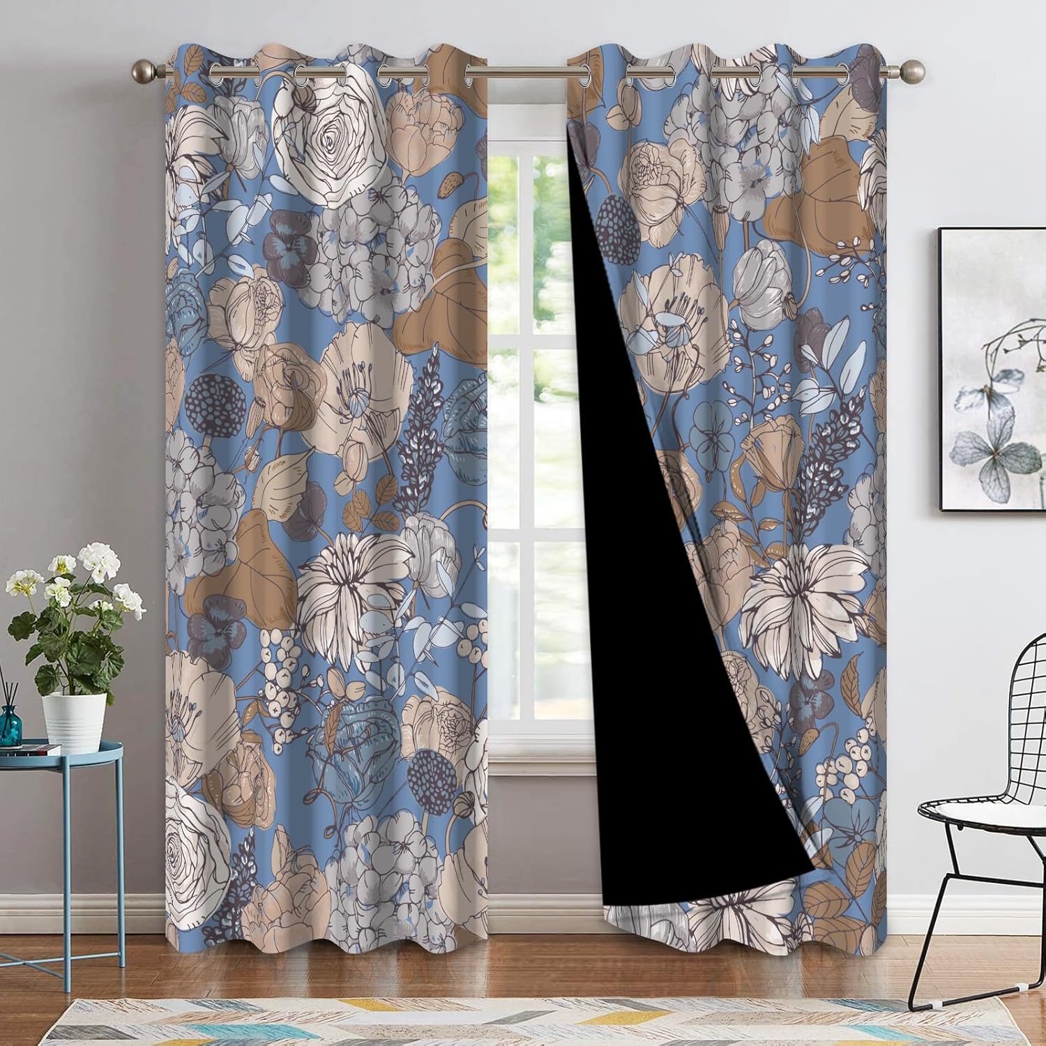 Boho Blackout Curtains for Bedroom - Blue Mid Century Modern Curtains 84 Inch Length, Grommet Thermal Room Darkening Drapes for Living Room, 52Wx84L (2 Panel)